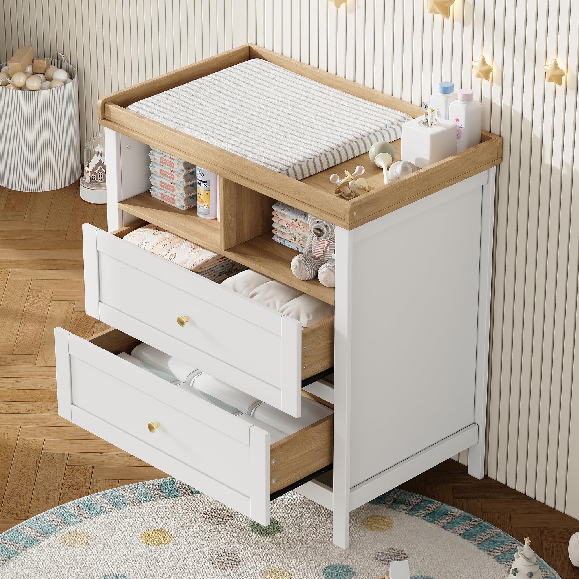 Fasciatoio multifunzione per bambini, convertibile con fasciatoio rimovibile e cassetti, cassettiera con fasciatoio, bianco, 82 x 50 x 90 cm, senza imbottitura, naturale + bianco