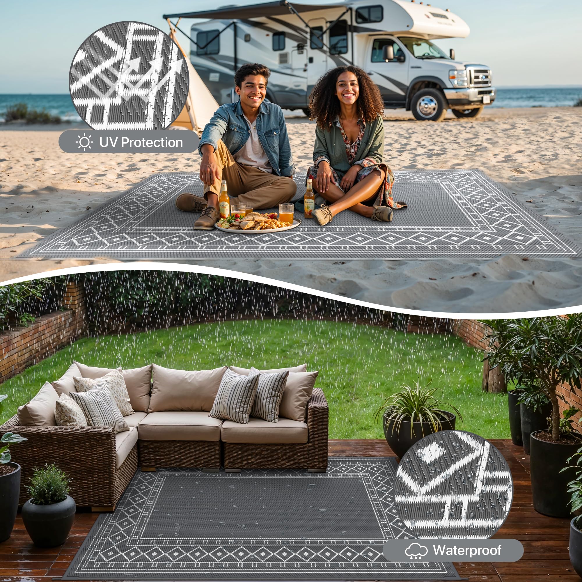 GENIMO Tappeto da Esterno 150x240 cm in Plastica Impermeabile Lavabile Reversibile, Vintage Grigio/Bianco per Terrazza Giardino Camper Picnic Balcone