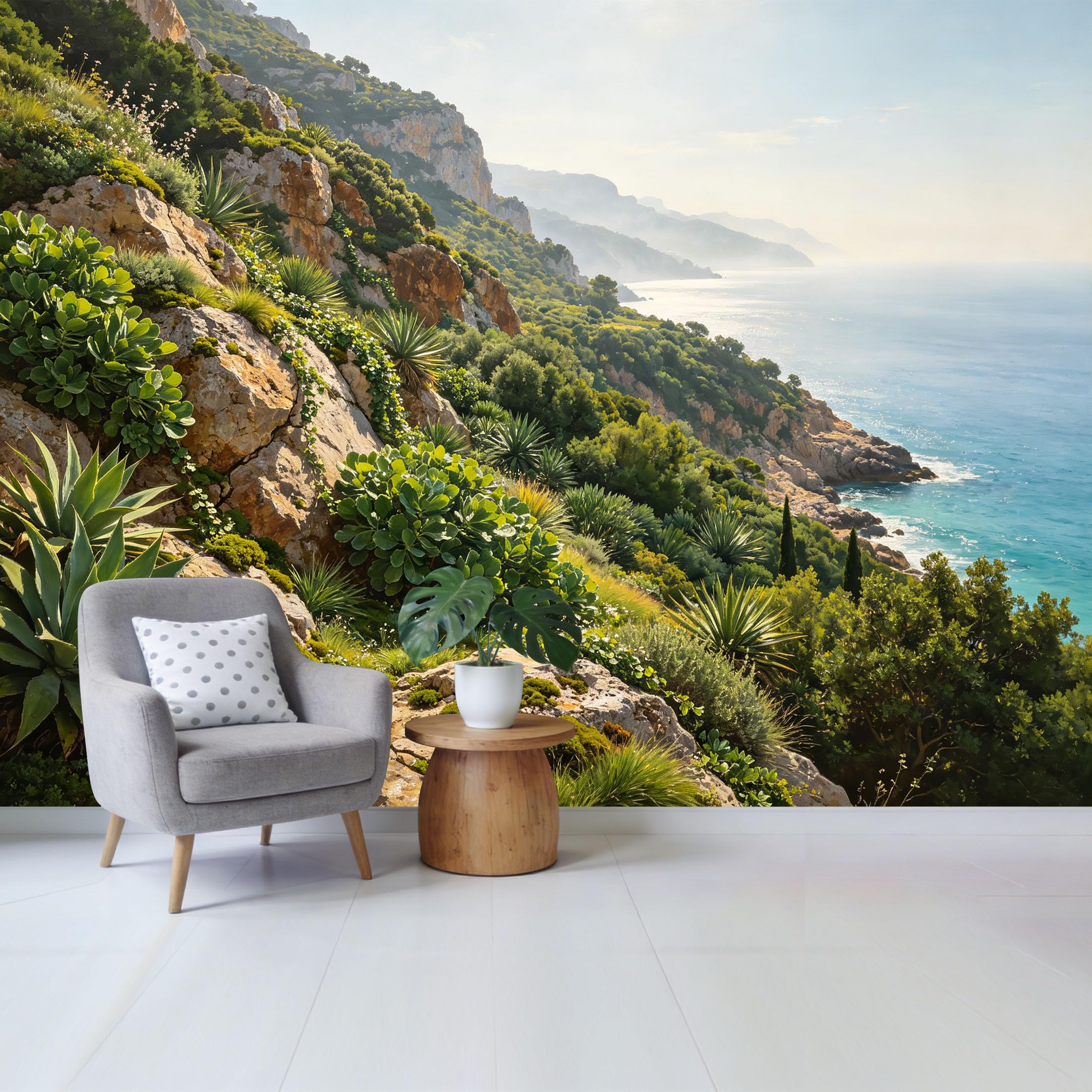 Custom Size Wall Mural Coastal Mountain Cliff Ocean View Landscape Removable Self Adhesive Fabric Home Wall Decor for Living Room Bedroom Bathroom