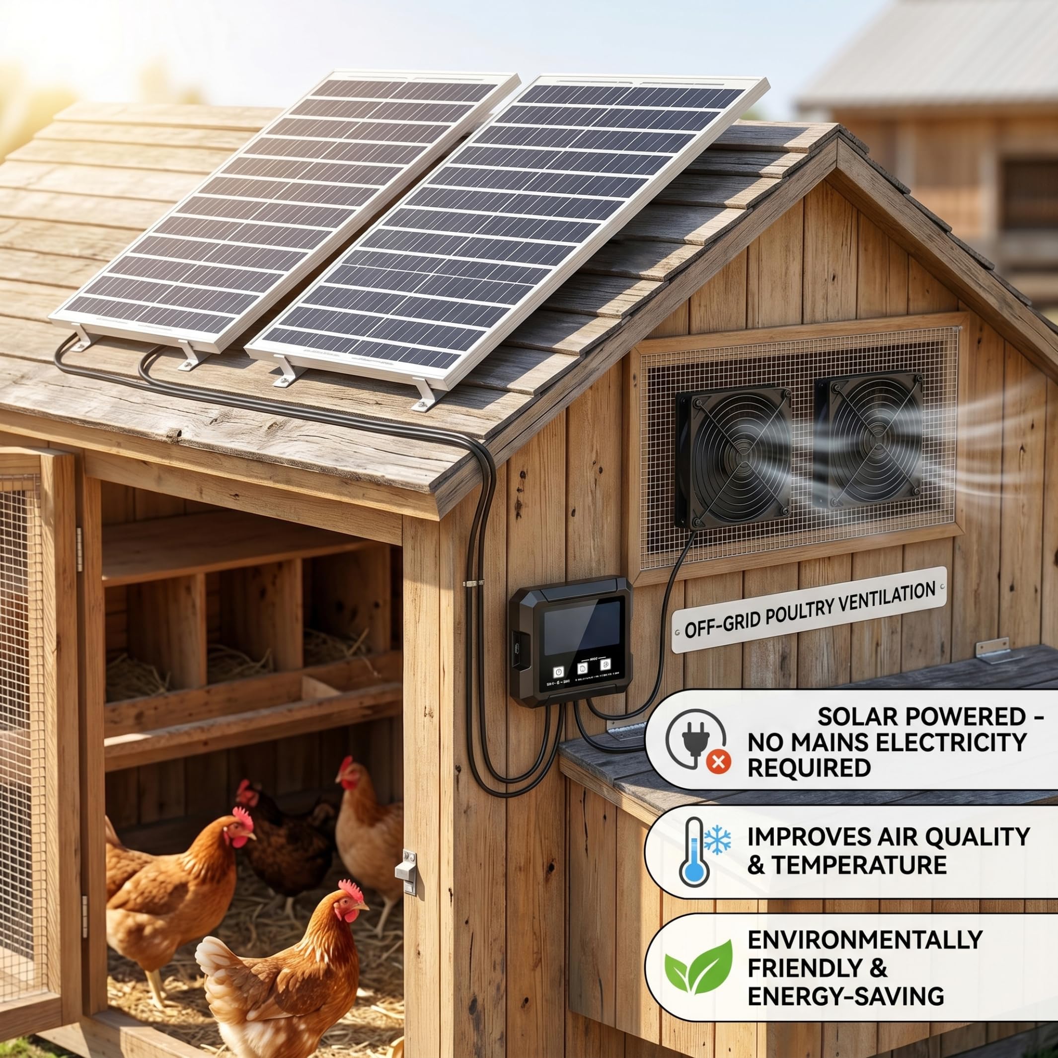 Ventilatore solare per pollaio, doppio ventilatore per pollaio con sensore di luce Avvio/arresto automatico e timer Ventilatori solari per serre, alimentati