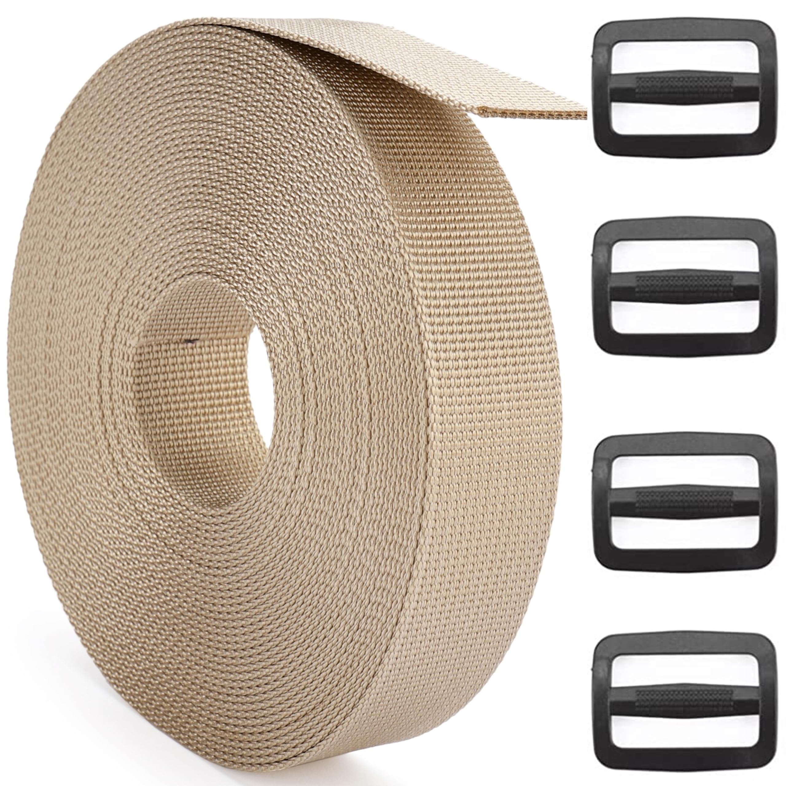 DEYACE 2 Inch Nylon Webbing Strap with Plastic Tri-Glide Slide Clips, 10 25 50 Yards Heavy Duty Nylon Strapping for Indoor or Outdoor Gear, DIY
