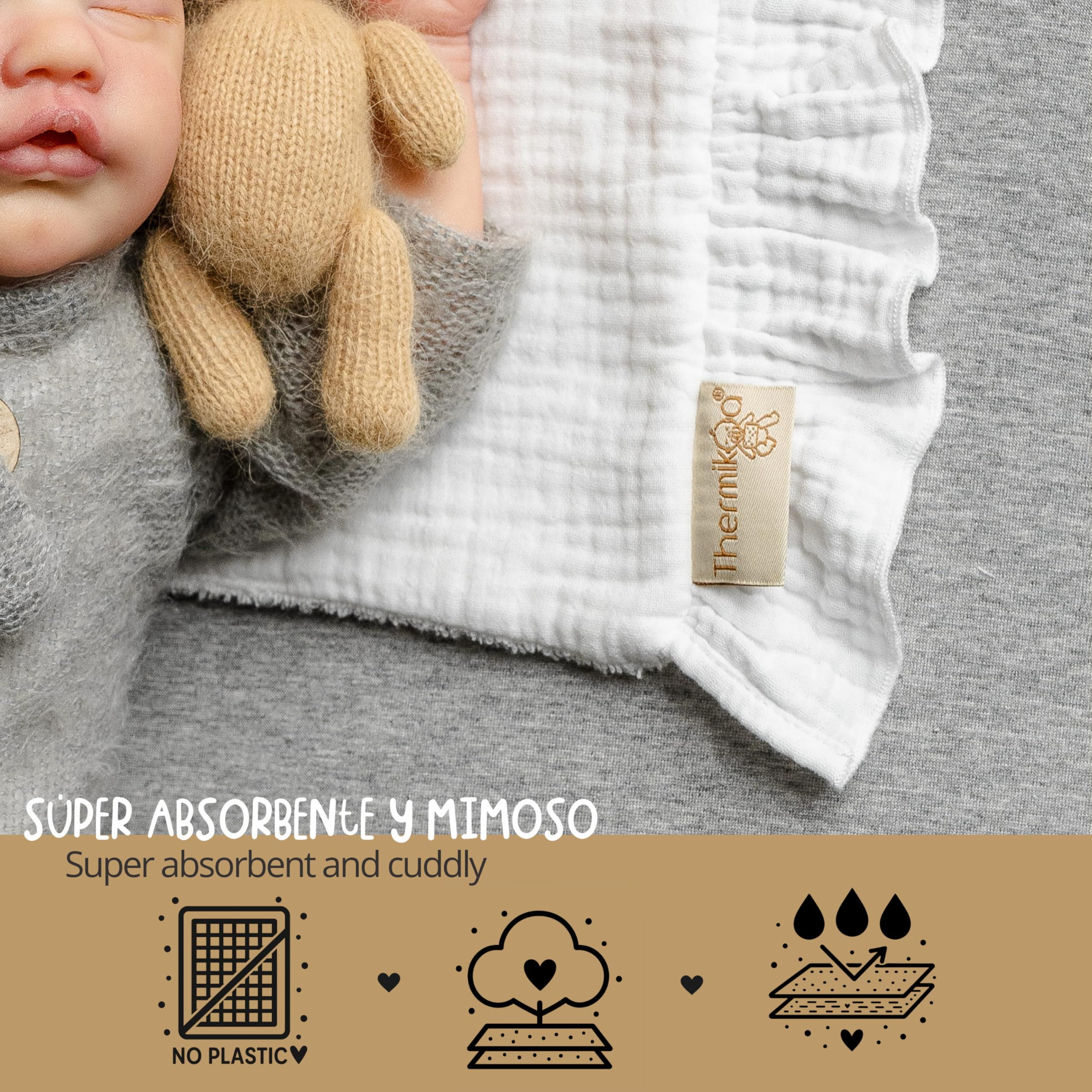 Thermikoa Mussole Neonato per Navicella e Passeggino – Pack 2 Panni 38x28 cm – Mussola Cotone Triplo Strato e Spugna Assorbente Panno Rigurgito da Spalla, Protezione Materassino Culla