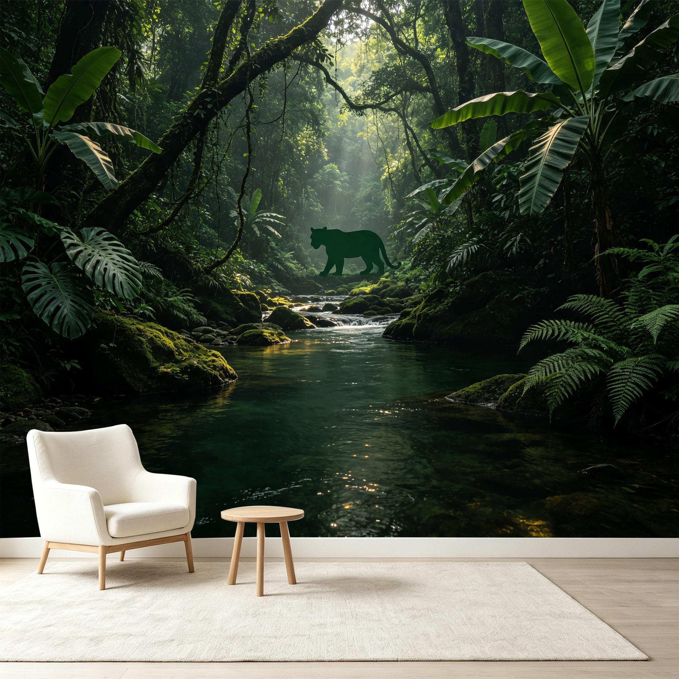 Custom Size Wall Murals Tropical Jungle Rainforest River Panther Wildlife Botanical Self-Adhesive Wall Fabric Removable Wallpaper Wall Decor for Living Room Bedroom Bathroom