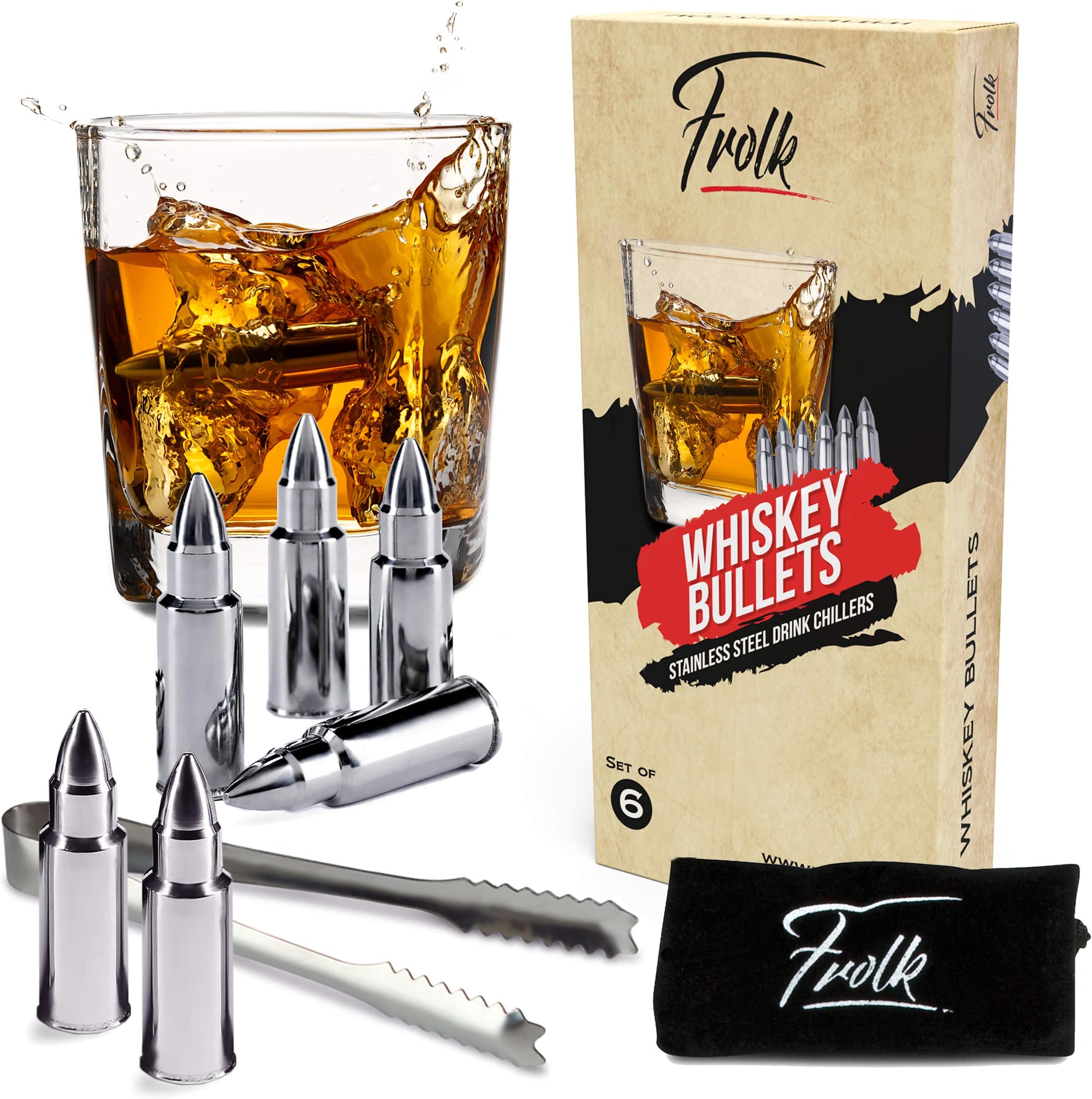 FrolkStainless Steel Bullet Shaped Whiskey Stones Set of 6 - Premium Chilling Rocks - Ice Stones With Tongs And Freezer Pouch, Great Gift Idea for Whiskey Lovers