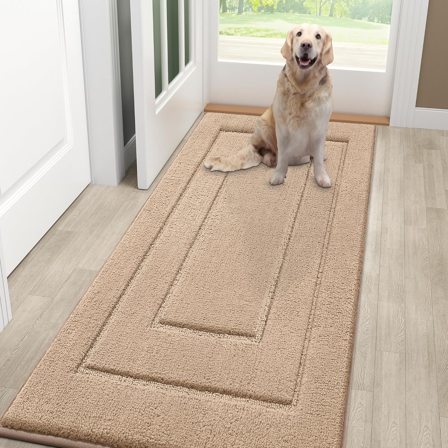 Smiry Dog Door Mat for Muddy Paws Indoor Entrance, Absorbs Moisture and Dirt Low-Profile Washable Front Door Mat for Floor Home Entryway (48x30 Inches, Beige)
