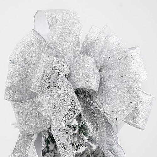 Miniatura 5 de MEEDEE Lazos de Navidad plateados para árbol, gran lazo plateado, 12 pulgadas de ancho, lazo plateado para árbol de Navidad, lazo de red plateada