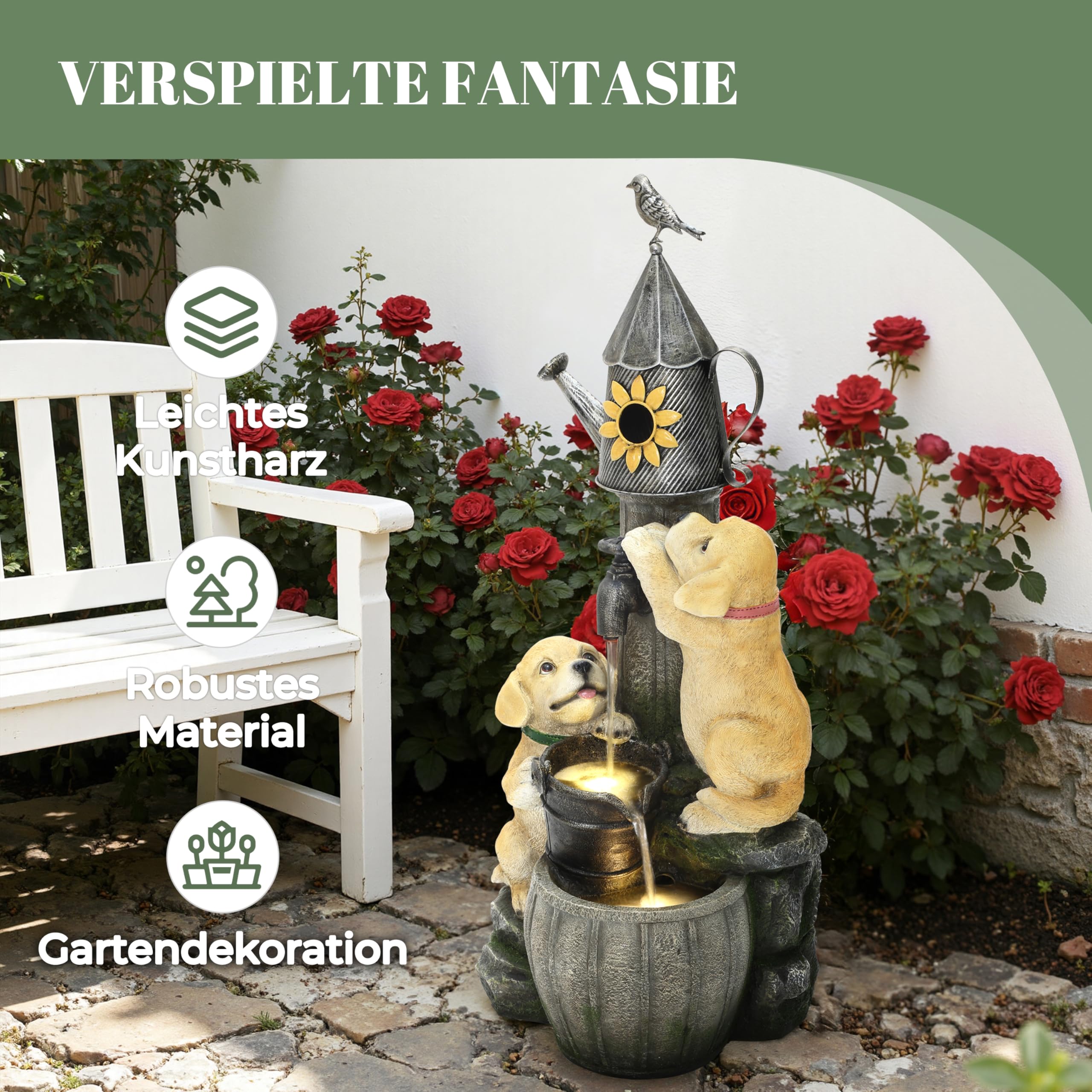 90cm Polyresin-Gartenbrunnen mit LED Light Zwei Hündchen und Vogelhäuschen Innen- und Außenbrunnen springbrunnen für Garten, Balkon, Terrasse, Eingang 90x38x34 cm