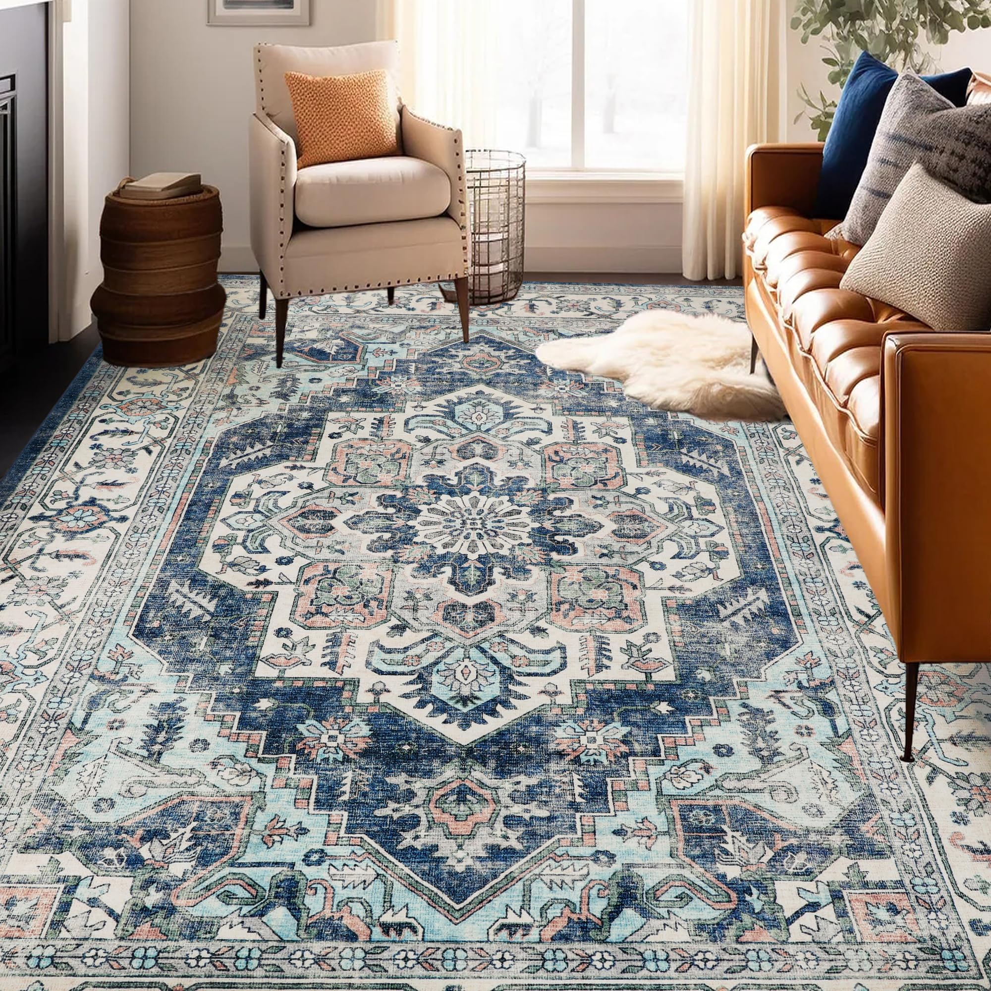 Machine Washable Rug 8x10 Vintage Design Washable Boho Area Rugs for Living Room, Bedroom, Kitchen, Soft Non-Slip Indoor Large Rug, Navy/Beige-Print Design