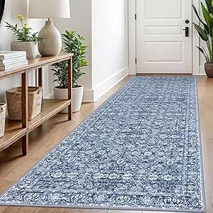 3x8 Blue Washable Runner Rug for Kitchen, Soft Classic Runner with Non-Slip, Non-Shedding Distressed Floral Rug for Hallways Entryway Bedroom Bathroom Laundry Indoor