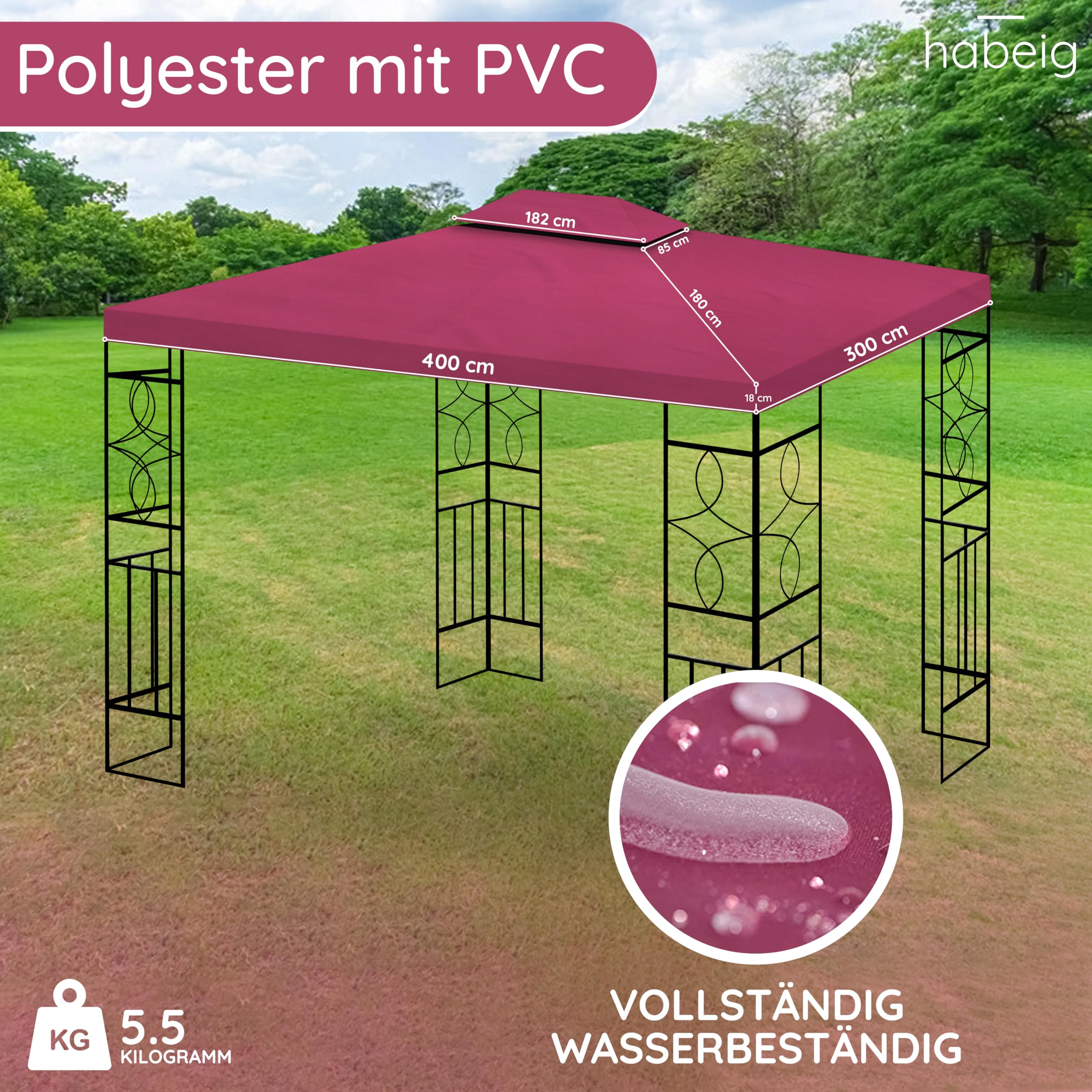 WASSERDICHT Ersatzdach 3x4m Dach 340g für Pavillon Kaminabzug Pavillondach PVC (Bordeaux #46)