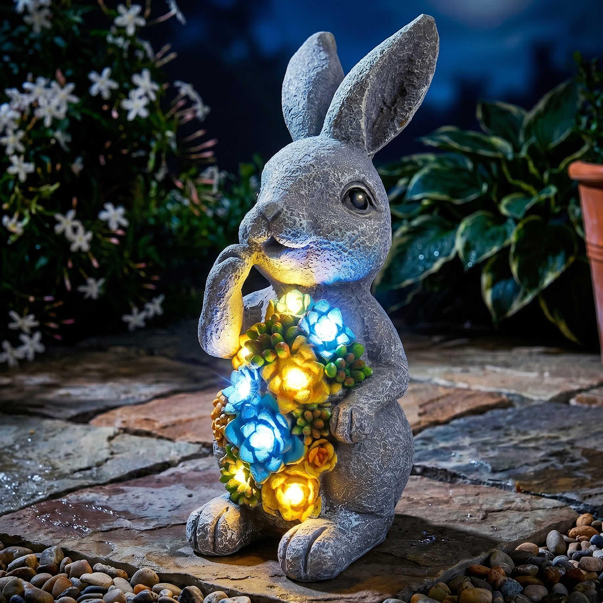 Solar Bunny Garden Ornament with LED Lights – Pack of 1 - 24cm/9.5 inch Outdoor Rabbit Statue with Succulent Plant, Decorative Figurine for Patio, Balcony, Yard, Lawn – Unique Housewarming Gift — image 1