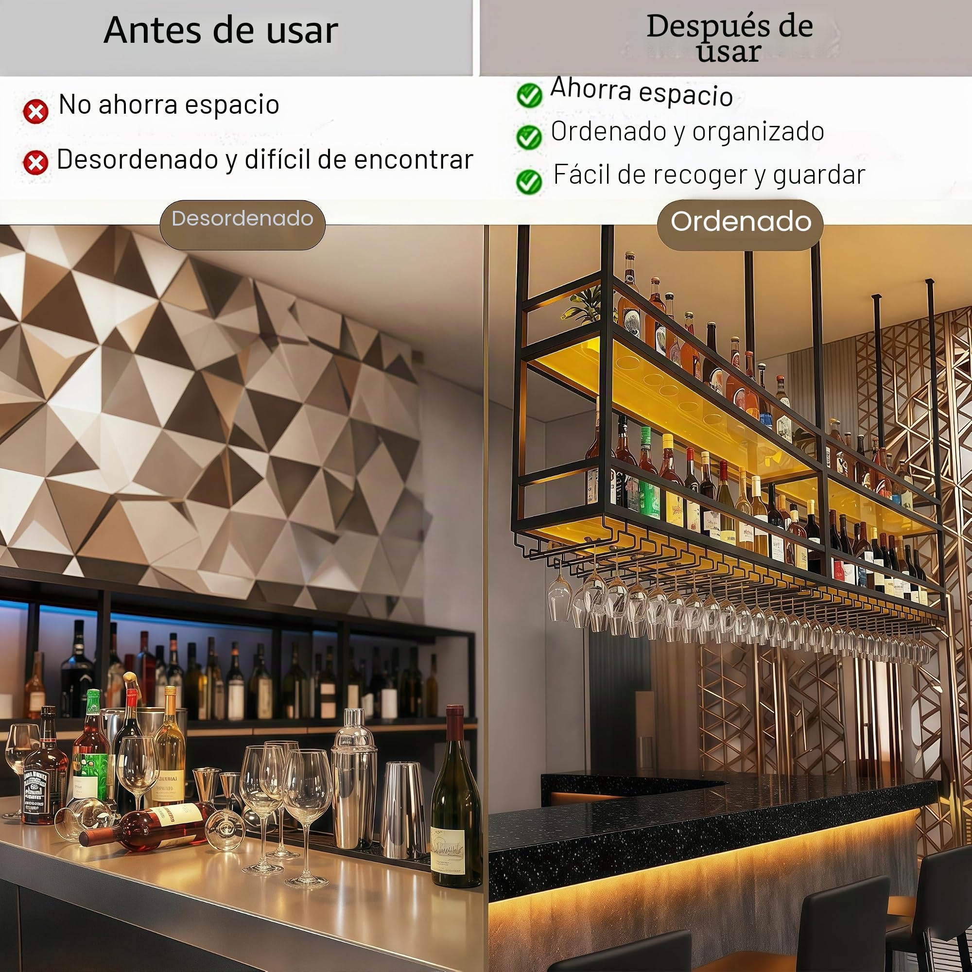 80CM Botellero colgante techo Luz LED, 2 Niveles botellero de techo de acrílico con portavasos y estantes transparentes portavasos botelleros para loft, para Cocina, Bar, Cafetería y decoración