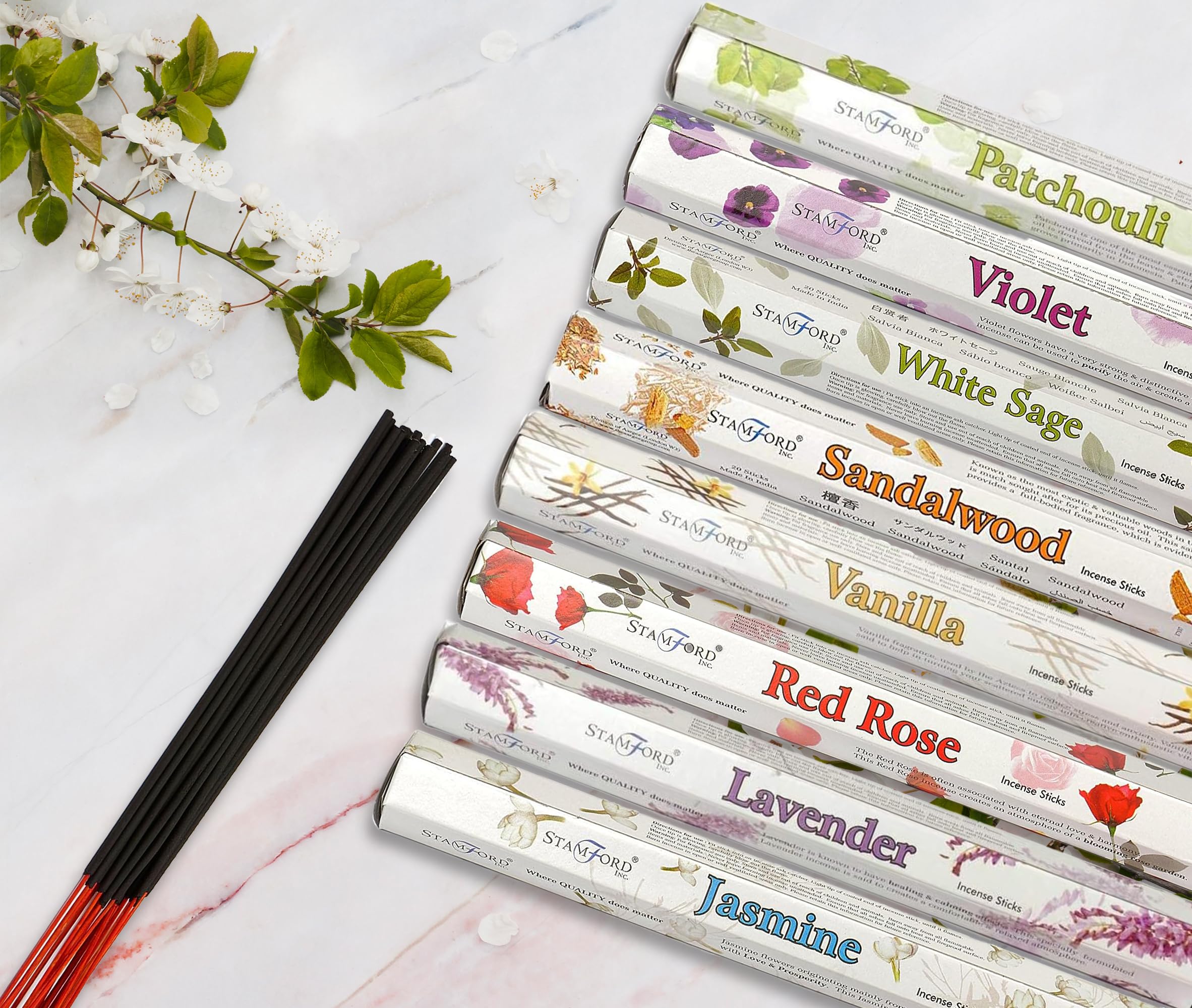 Stamford Premium Incense Sticks Mix Collection 8pk | Scented Aromatherapy Sticks for Meditation & Relaxation | Lavender, Sandalwood, Vanilla | Long-Lasting Fragrance