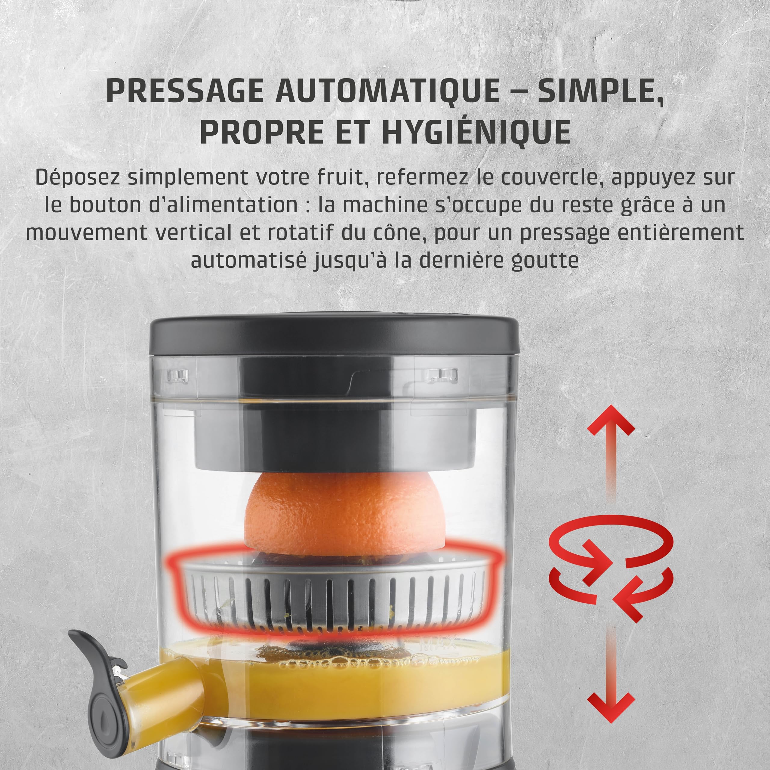 CASO CP 400 Lift - Presse agrume electrique avec cône universel pour oranges et agrumes, 300 W, anti-éclaboussures, extraction élevée du jus, pieds à ventouse, sans BPA, compatible lave-vaisselle