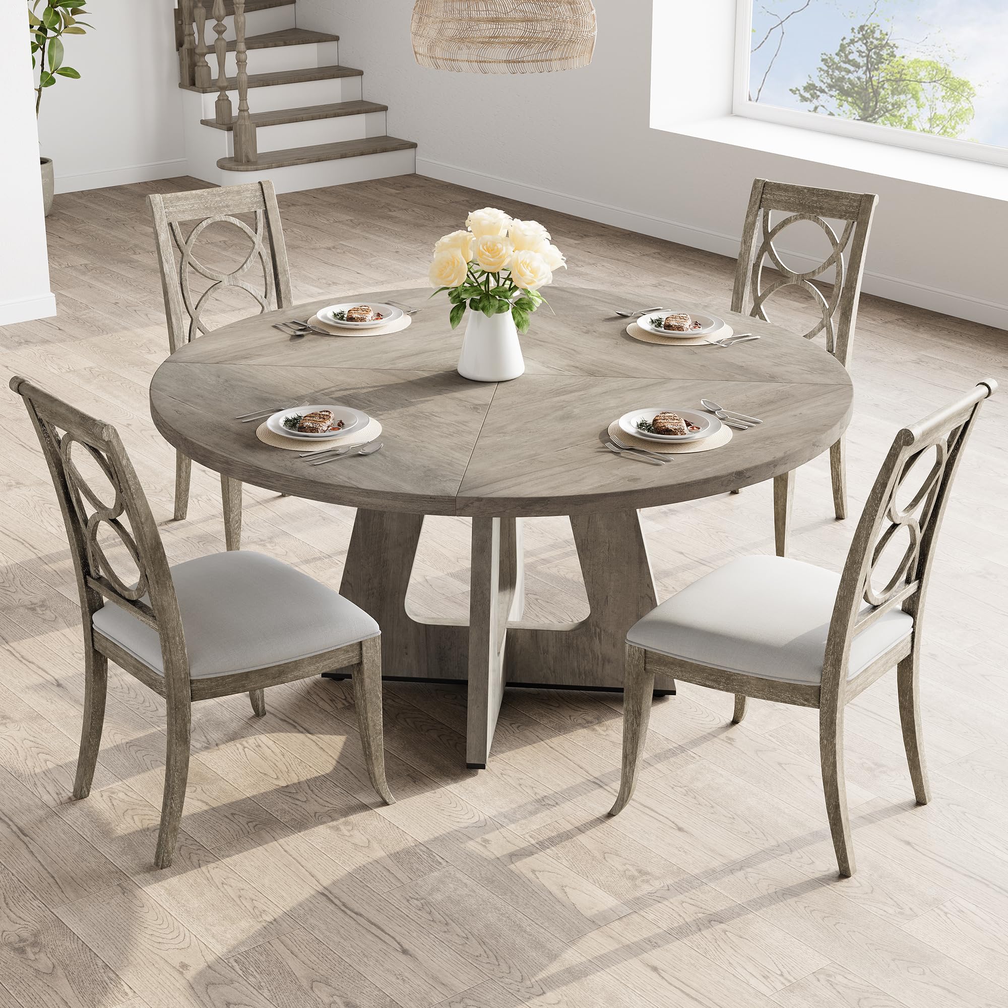 GarveeLife Mesa Redonda de Comedor 120 cm | Mesa de Cocina Veta Madera Gris Claro con Patas Geométricas, Tablero MDF Resistente, para 4-6 Personas, Solo Mesa sin Sillas
