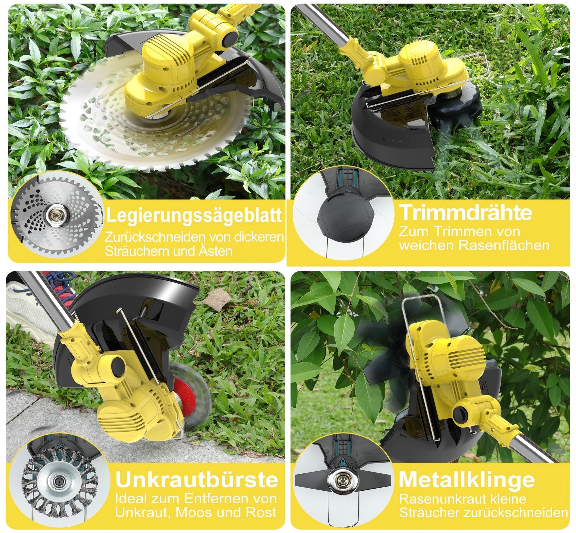 TerraKraft 21V Rasentrimmer mit Akku, 750w Akkus Rasentrimmer, Freischneider Akkus, Die Teleskophöhe 100cm - 145cm Motorsense Akkus, 90° Trimmwinkel(Inkl2 x 4,0Ah Akku) (Gelb)