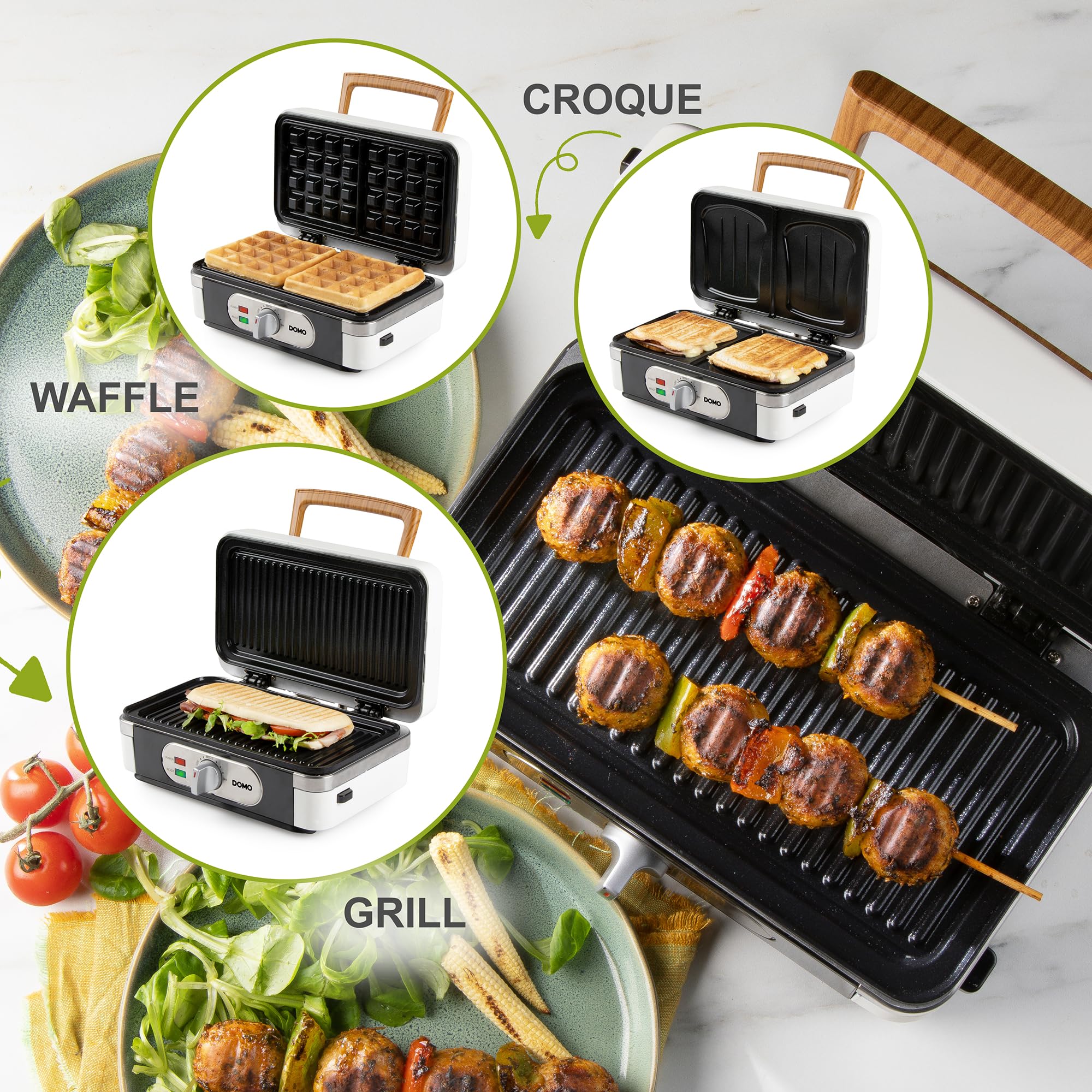 DOMO DO9277C Snack macher 3 in 1 – Sandwichmaker – Piastra per waffle – Griglia a contatto – 1100 W – Bianco