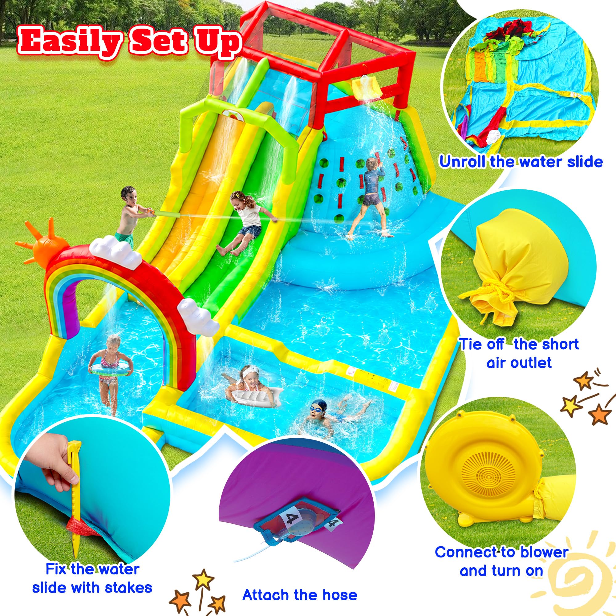 WELLFUNTIME - Parque inflable de doble toboganes con soplador, castillo hinchable con cortina de agua arcoíris, con tiro y escalada en roca