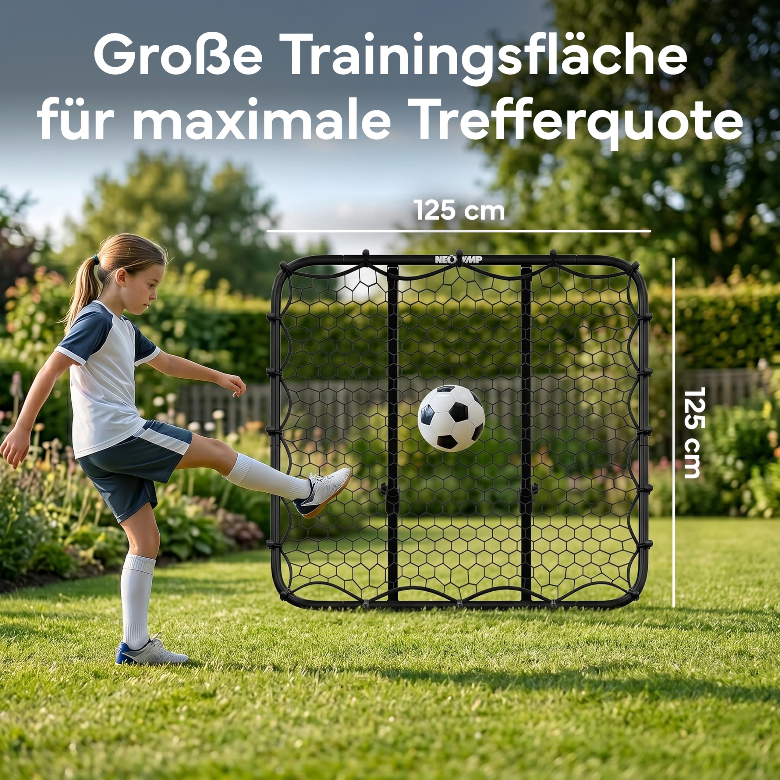 NEOLYMP Rebounder für Fußball – Stufenlos verstellbar für intensives Training, robuster Metallrahmen – Ideal für Kinder, Jugendliche & Vereine – Fußball Trainingszubehör für drinnen und draußen