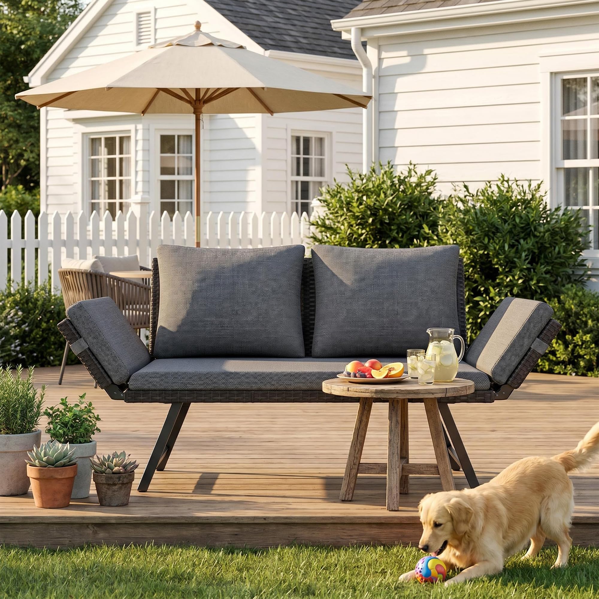 Fiutazge Polyrattan Loungesofa 2 Personen Kissen,Outdoor Daybed Gartenliege mit Verstellbare Armlehnen,Sitzbank mit Schlaffunktion,Gartenbett Balkonmöbel Set für Garten Terrasse-Grau