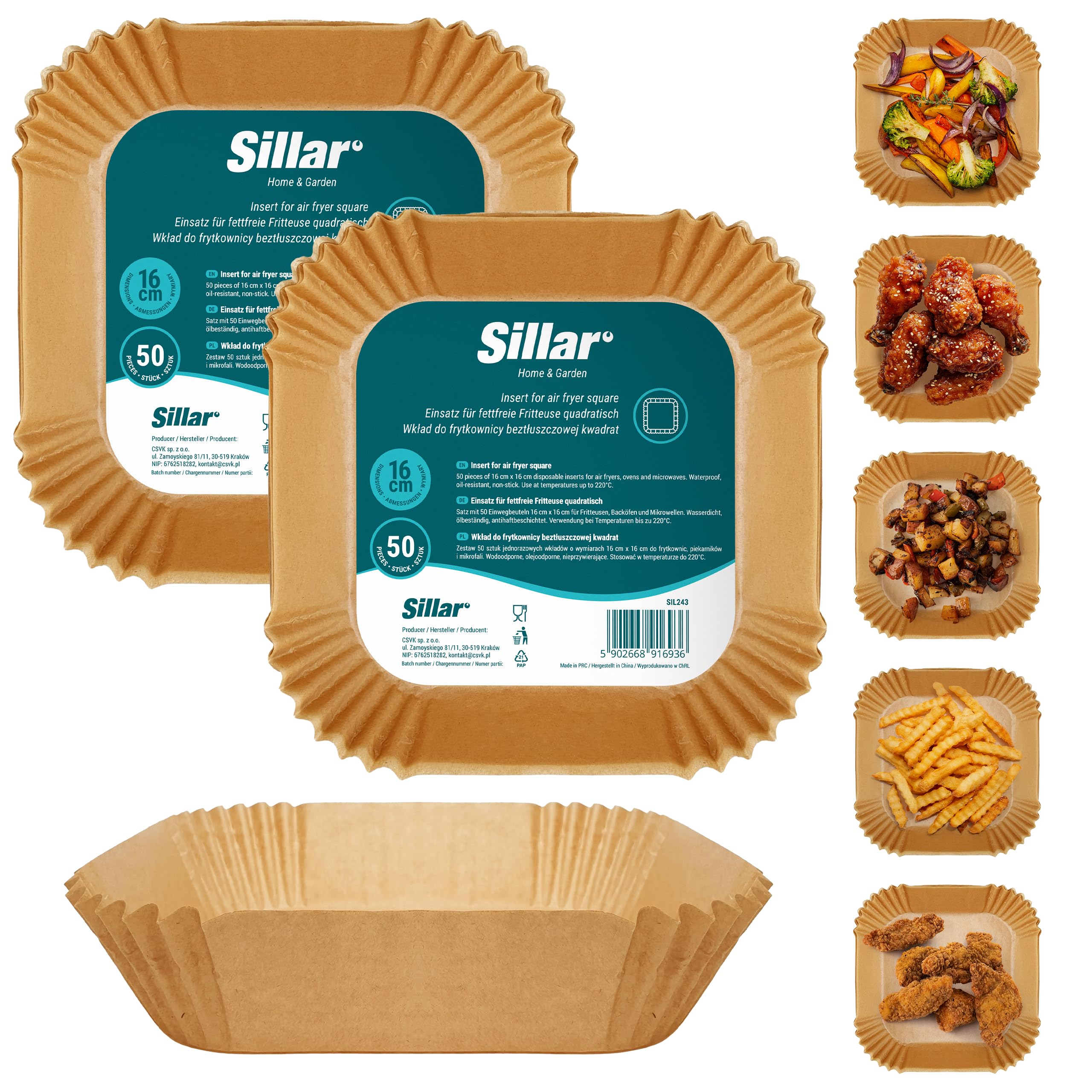 Sillar Papier do Frytkownicy Kwadratowy 16 cm 100 arkuszy Papier Pergaminowy do Airfryera, Nieprzywierającey, Olejoodporny, Odporność termiczna do 220°C Zestaw papieru do pieczenia do Airfryer
