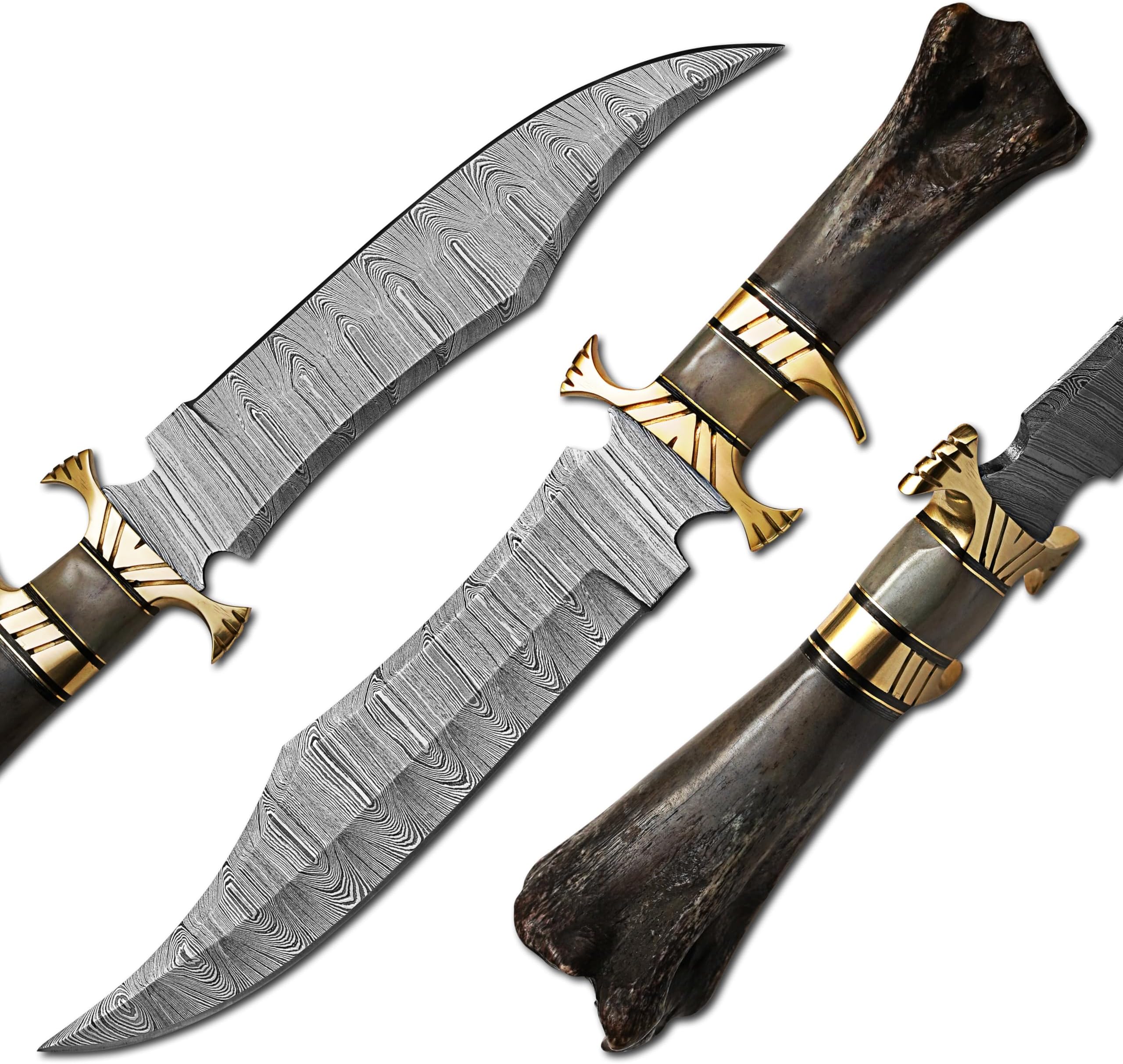 Kidsnado Damascus Steel Hunting Knife - Fixed Blade Knives with Sheath - Firm Grip Handle Made of Camel Bone (BLACK BONE)