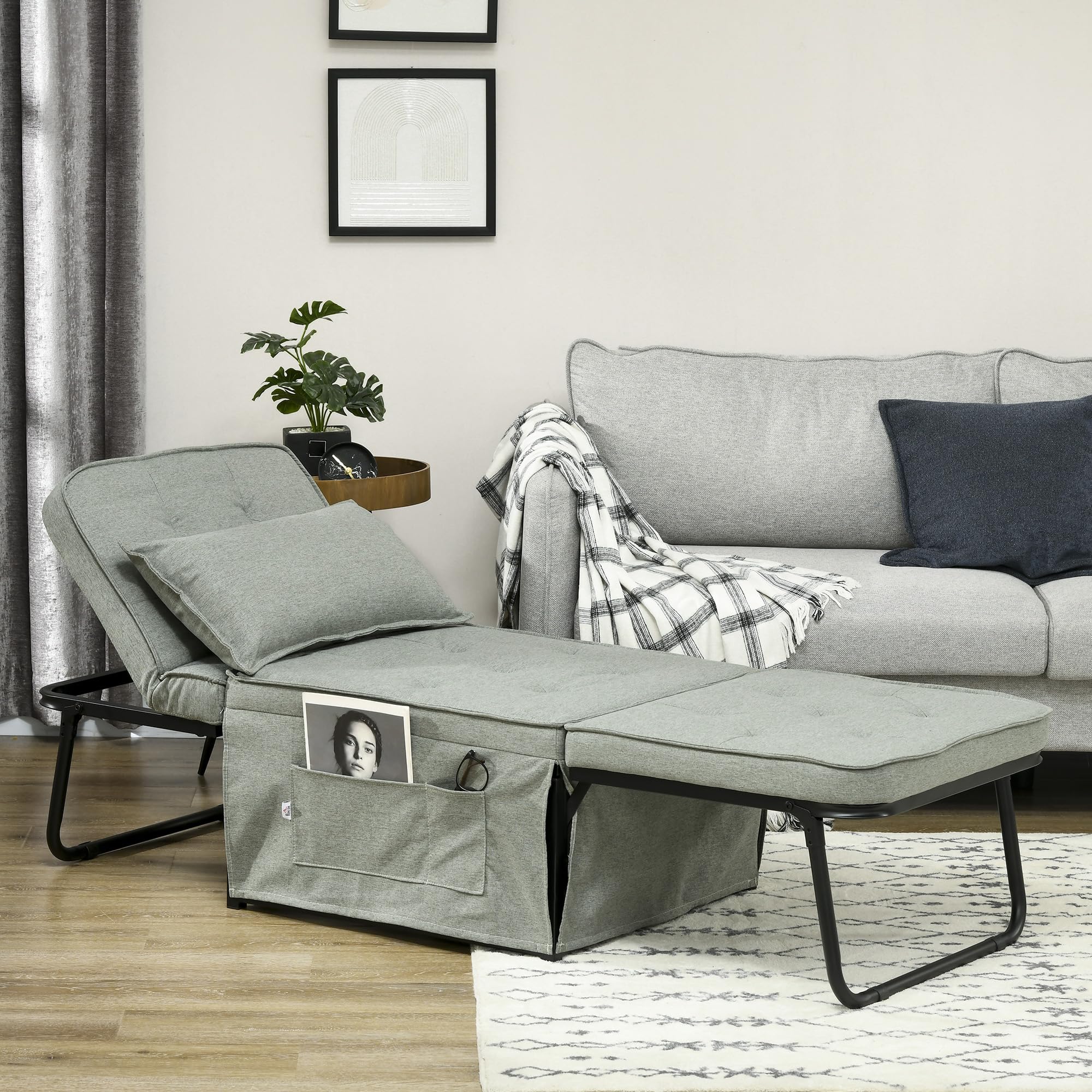 HOMCOM Fauteuil convertible 1 place fauteuil lit chauffeuse chaise longue 4 en 1 avec dossier inclinable 5 niveaux, repose-pied rabattable, coussin amovible et pochettes, pour invités salon gris clair