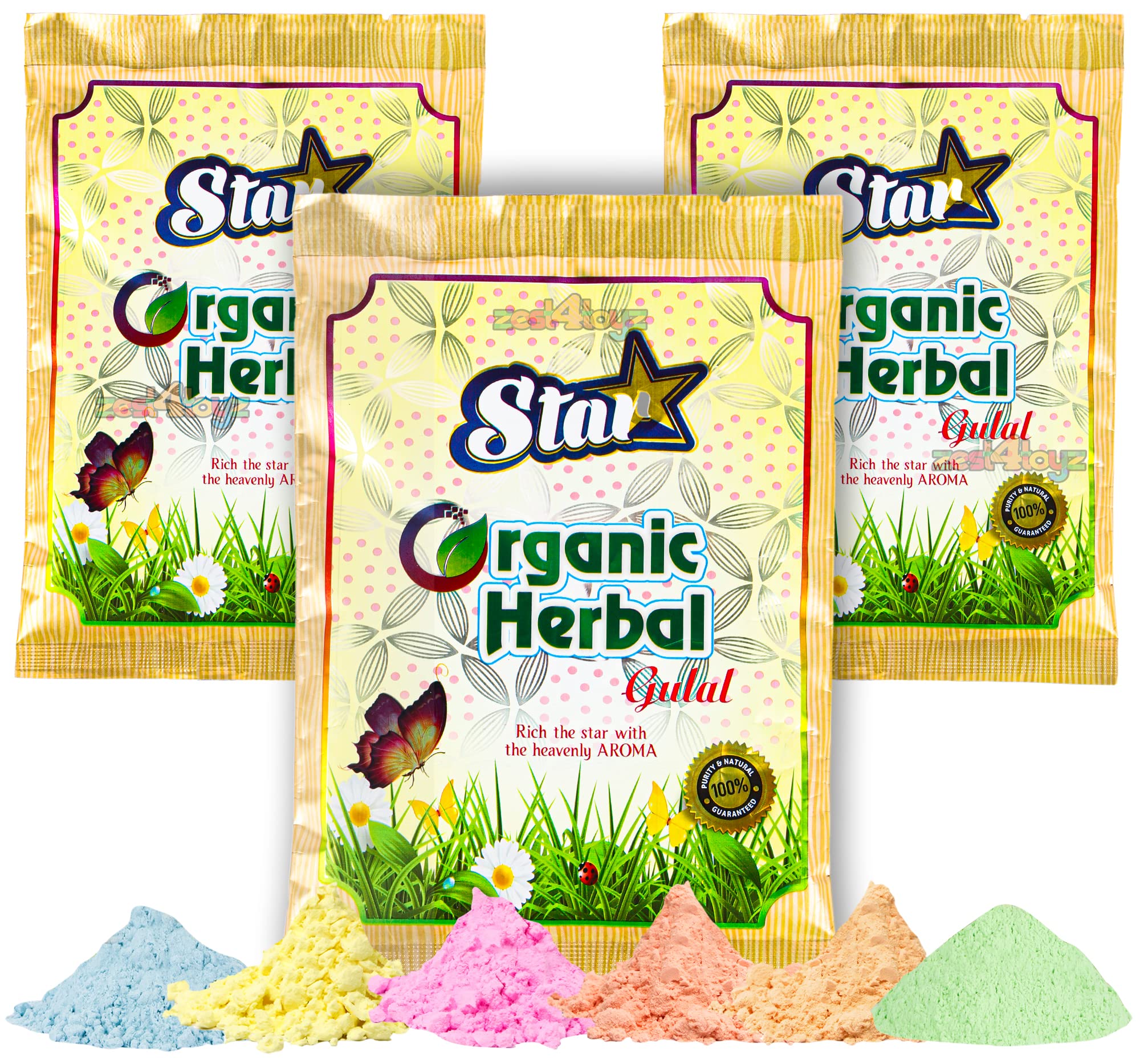 Zest 4 Toyz Holi Herbal Gulal Colors for Festivals Natural Fragrance Herbal Gulal Skin-Safe Eco-Friendly Vibrant Colors for Holi Navratri Diwali Pooja(Pack of 3)