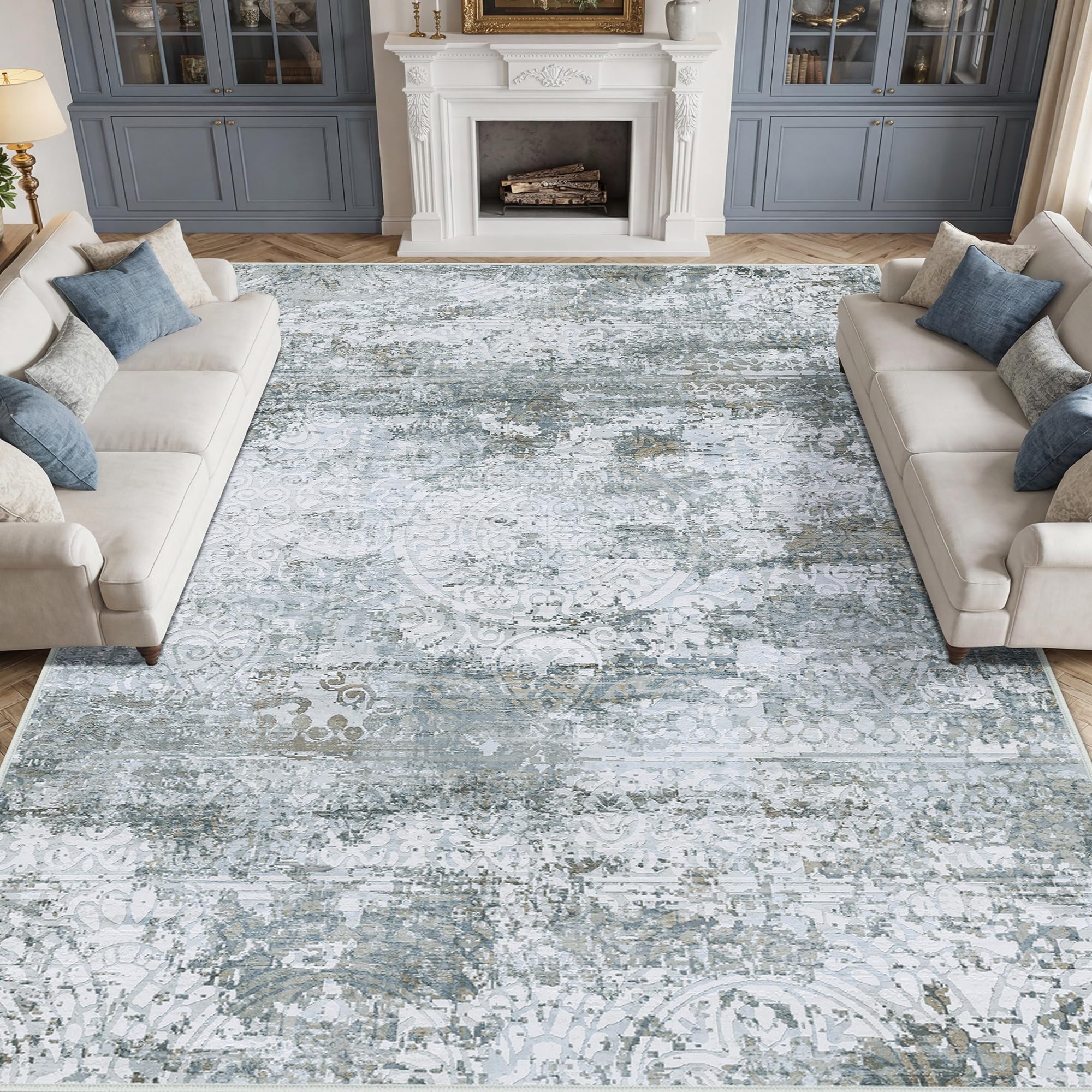 Rugs for Living Room Bedroom 240x340cm, Extra Large Machine Washable Area Rugs Non-slip, Vintage Boho Rugs, Soft Short Pile Carpet, Greyish Blue Runner Rugs for Hallway, Carpet for Kitchen, Office