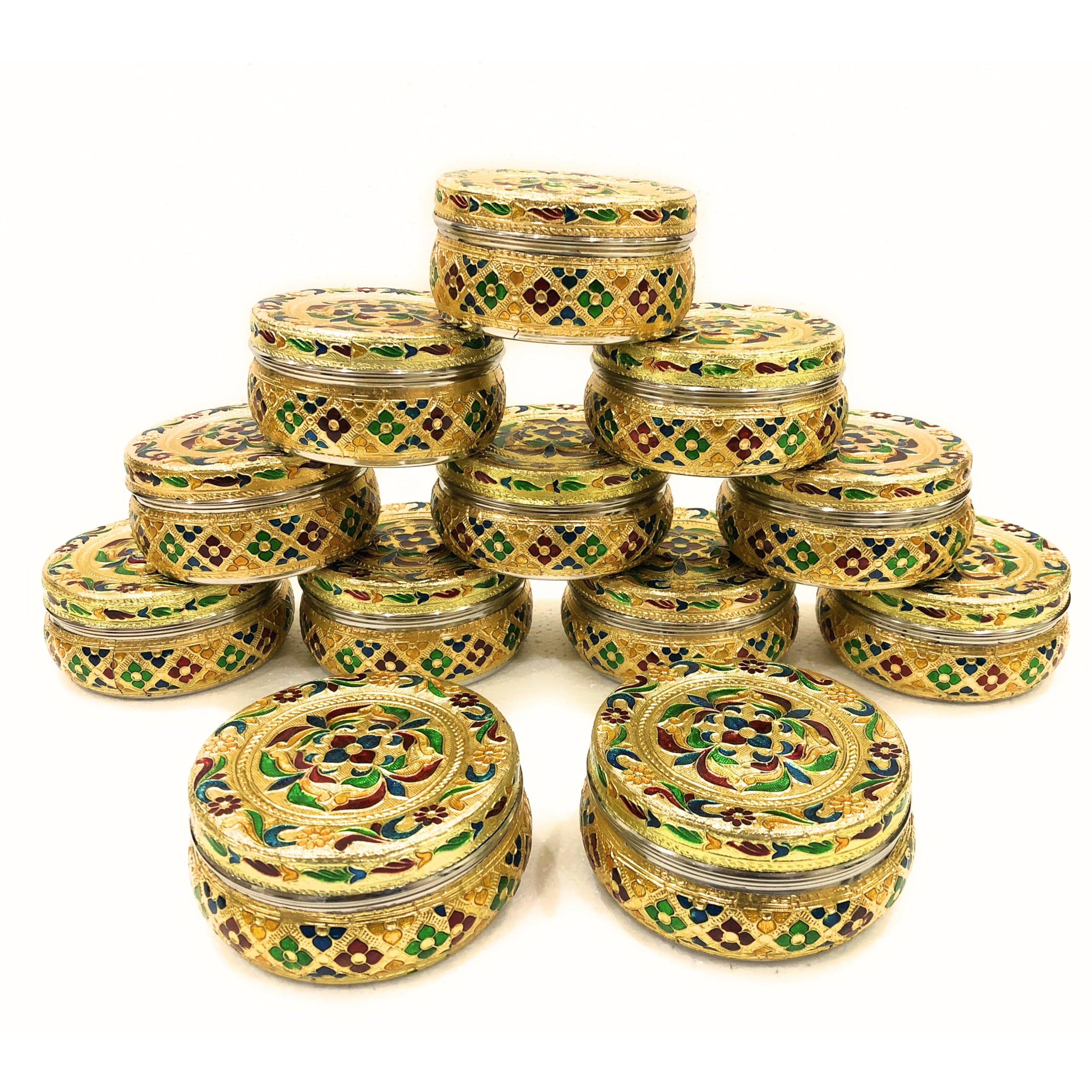 NAVRANG Stainless Steel Container Meenakari Storage/Chapati/Roti Box (Pack of 12, Golden)-image-45