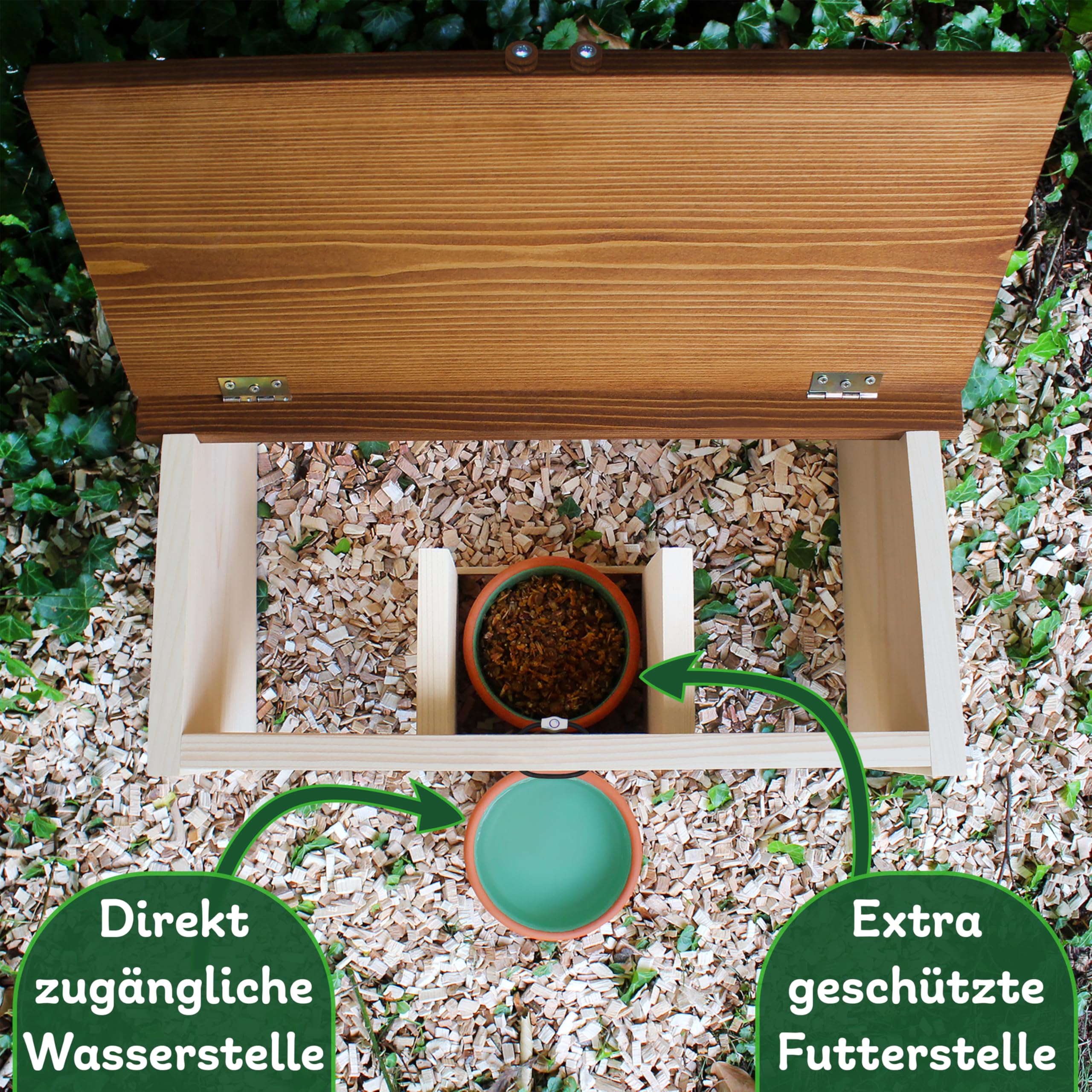 ERDENFREUND® Igelfutterhaus + 2er Set Wasser- & Futternapf Igelhaus kaufen artgerecht mit festem Dach-Sicherheitsverschluss und 2 Labyrinth Eingängen (Igelfutterhaus inkl. 2er Set Wasser-& Futternapf)