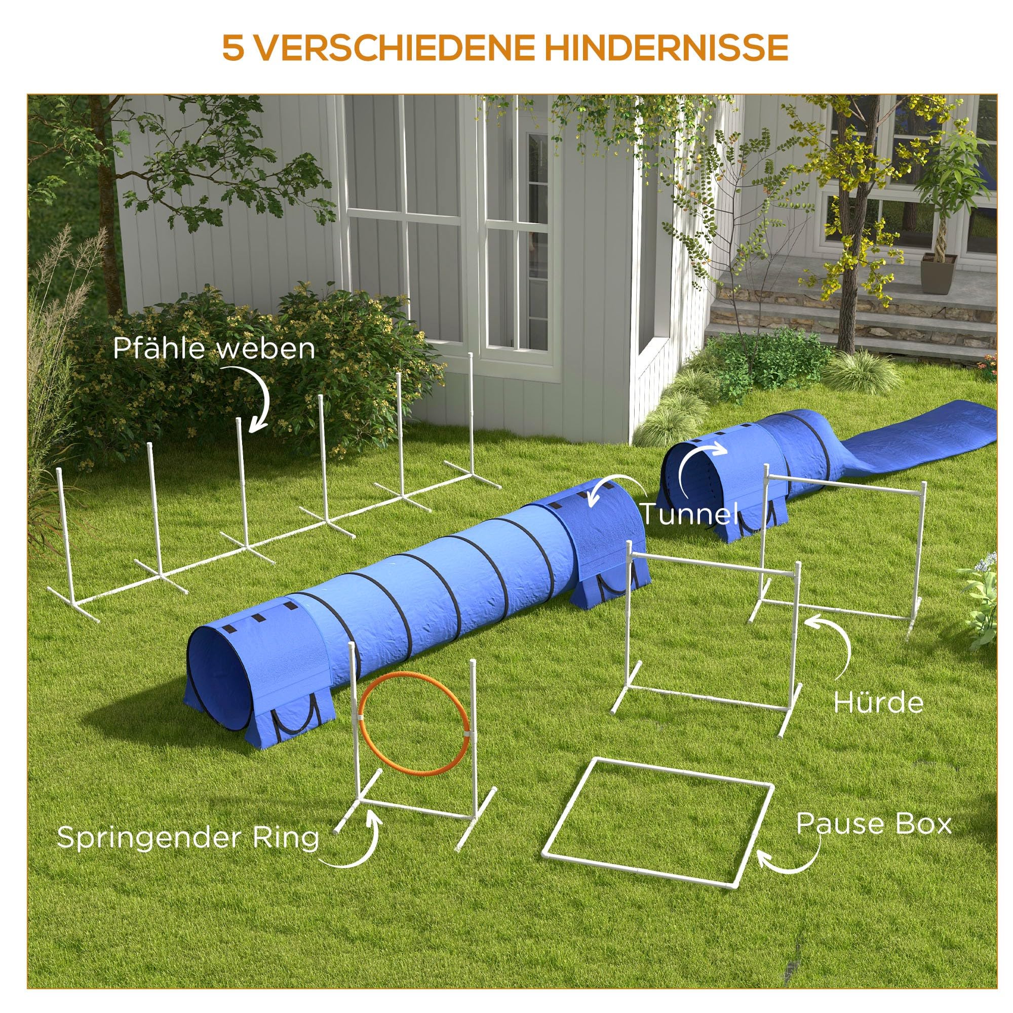 PawHut Dog Agility Set, Set de adiestramiento para Perros de 7 Piezas con Vallas de Agilidad Ajustables en Altura, Postes de Mimbre, Caja de Descanso, túnel, aro de Salto, Juego de Vallas con Silbato | Hürden,Slalomstangen,Springring,Aufbewahrungssche,Pau