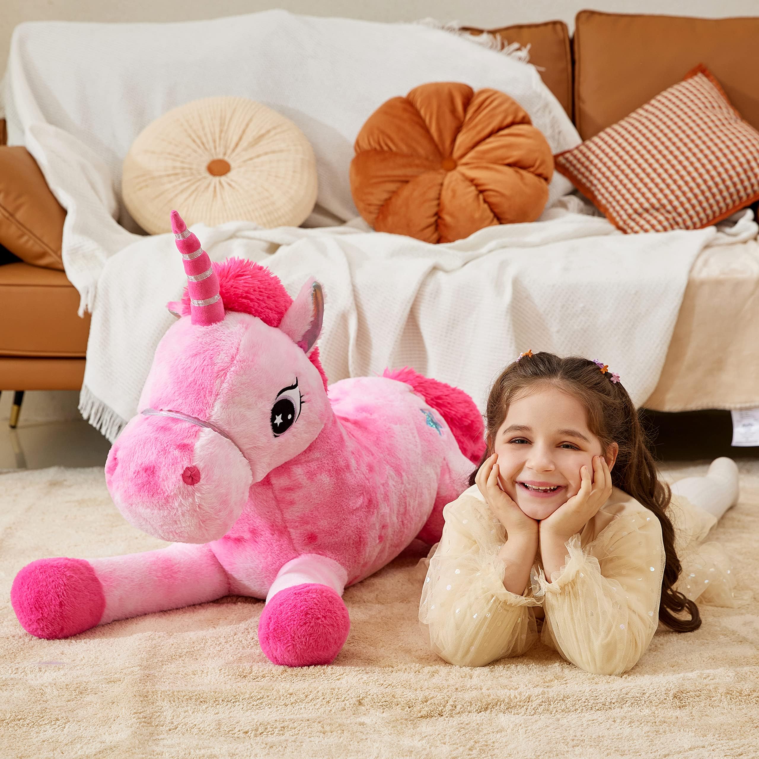 Condition photo showing New/Like New for ikasa 43" giant unicorn stuffed animal,zipper-free plush toy,full stuffing | extra plump full body filling, child-safe one-piece design, cute hugging pillow gift for kids, girls & adults