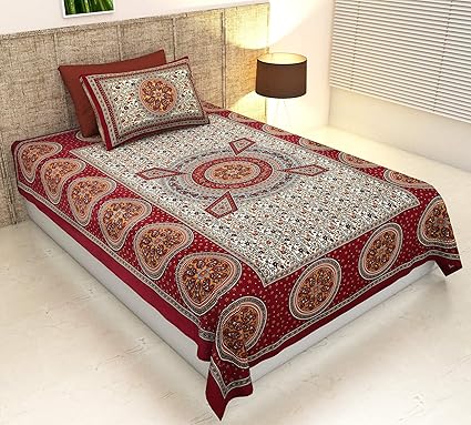 UNIBLISS Cotton Comfort Rajasthani Jaipuri Traditional Printed Single Bed Sheet with Pillow Cover (087, Maroon)