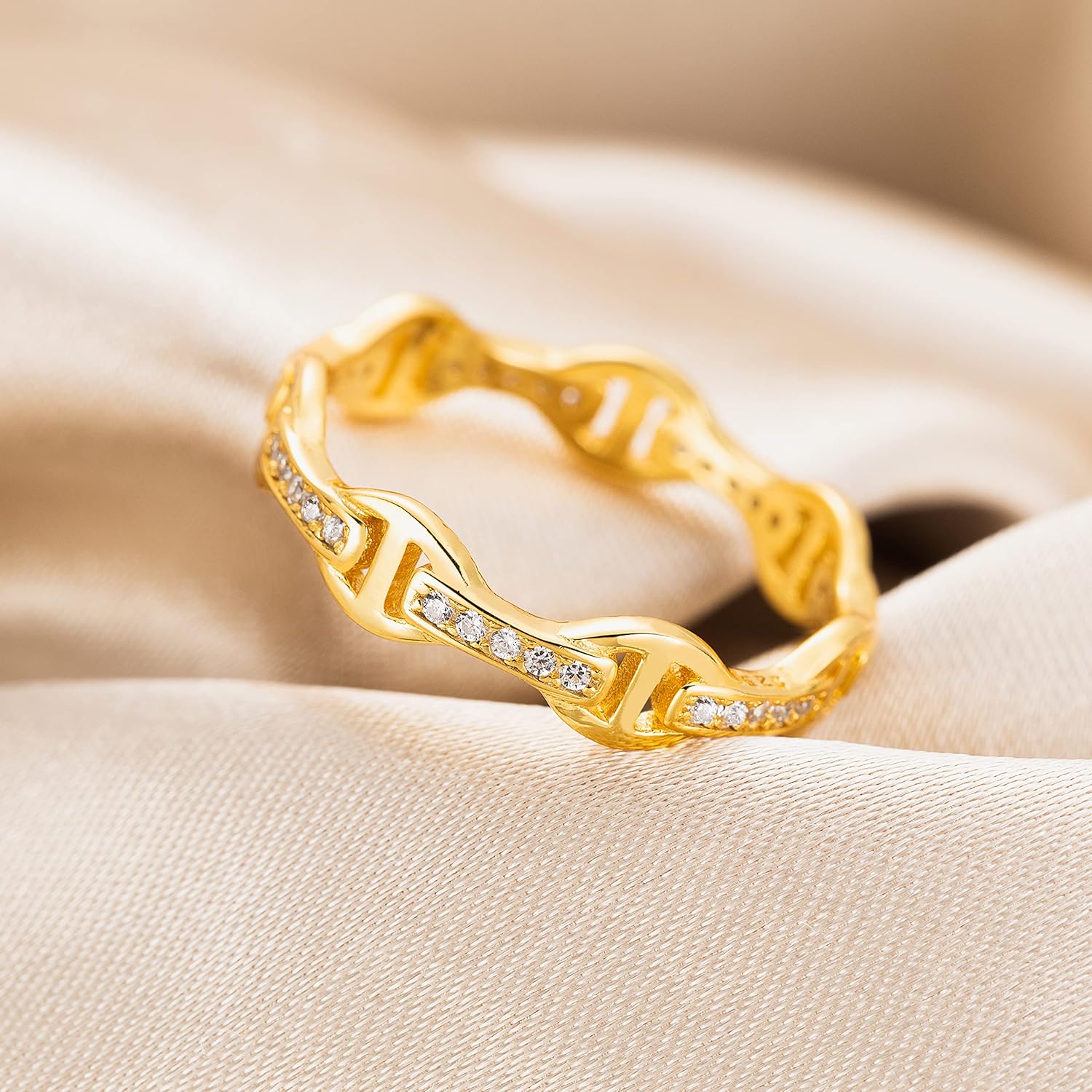 925 Sterling Silver 18K Gold Plated Cubic Zirconia Maritime Mariner Anchor Chain Link Stackable Ring Wedding Band, Nickel Free Hypoallergenic for Sensitive Skin, with Gift Box