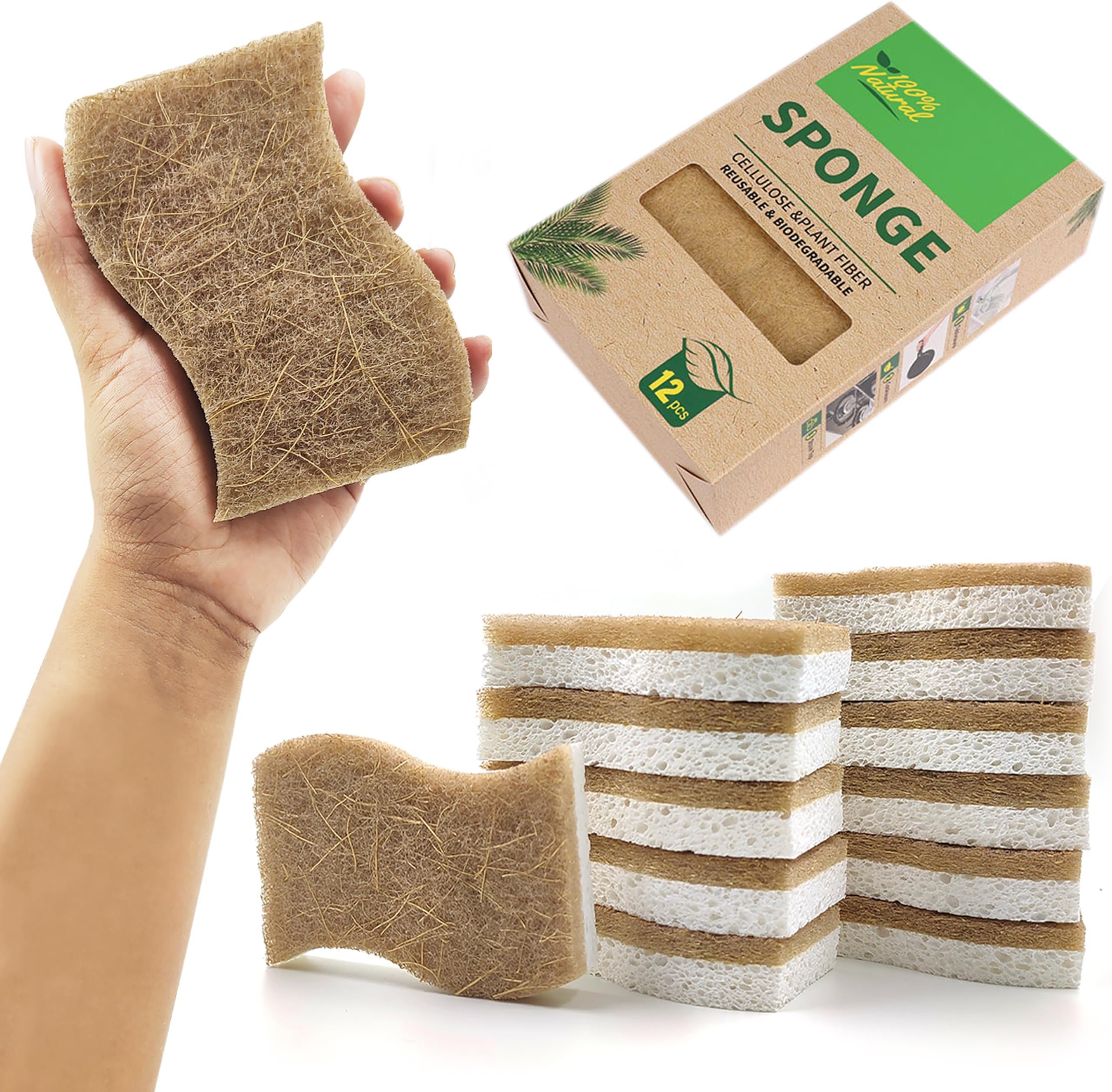 – 12-Pack Biodegradable Kitchen Sponges - All-Natural Cellulose & Coconut Fiber Scrubbers, Eco-Friendly Compostable Sponge for Zero-Waste Cleaning