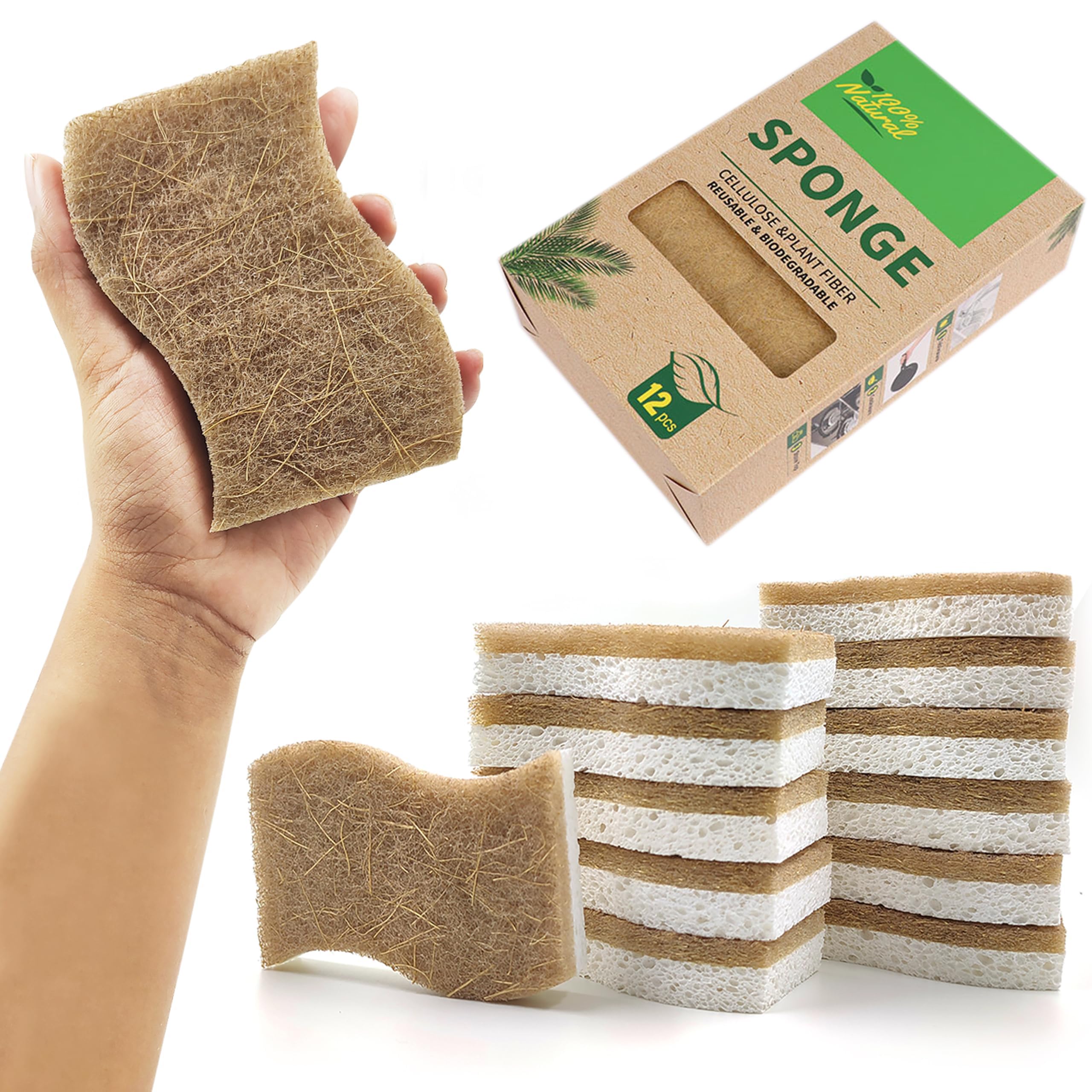 12-Pack Biodegradable Kitchen Sponges - All-Natural Cellulose & Coconut Fiber Scrubbers, Eco-Friendly Compostable Sponge for Zero-Waste Cleaning