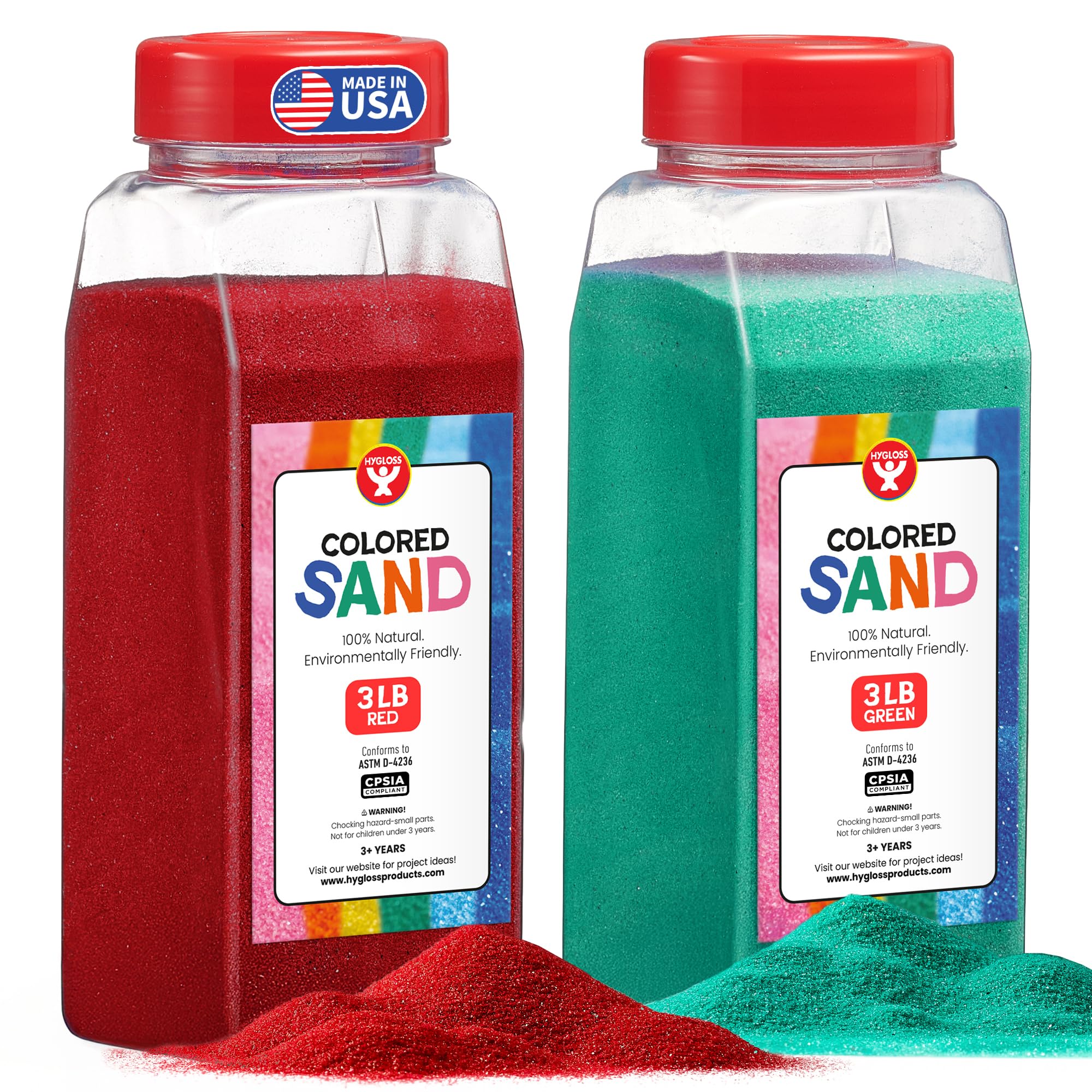 Hygloss Colored Sand for Crafts - 3 lb Bottle, Red and Green - Vibrant Colorful Fine Sensory Play Sand Art Kits for Kids - Classroom Activities for Children 3 4 5 6 7 8 9 10 11 12 - Safe for Ages 3+