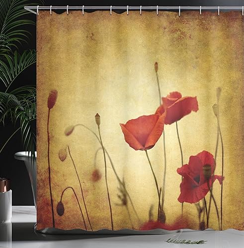 Miniatura 3 de Ambesonne Cortina de ducha de flores de amapola, flores y capullos sobre fondo ambiental grunge, efectos retro, bohemio, juego de decoración de baño