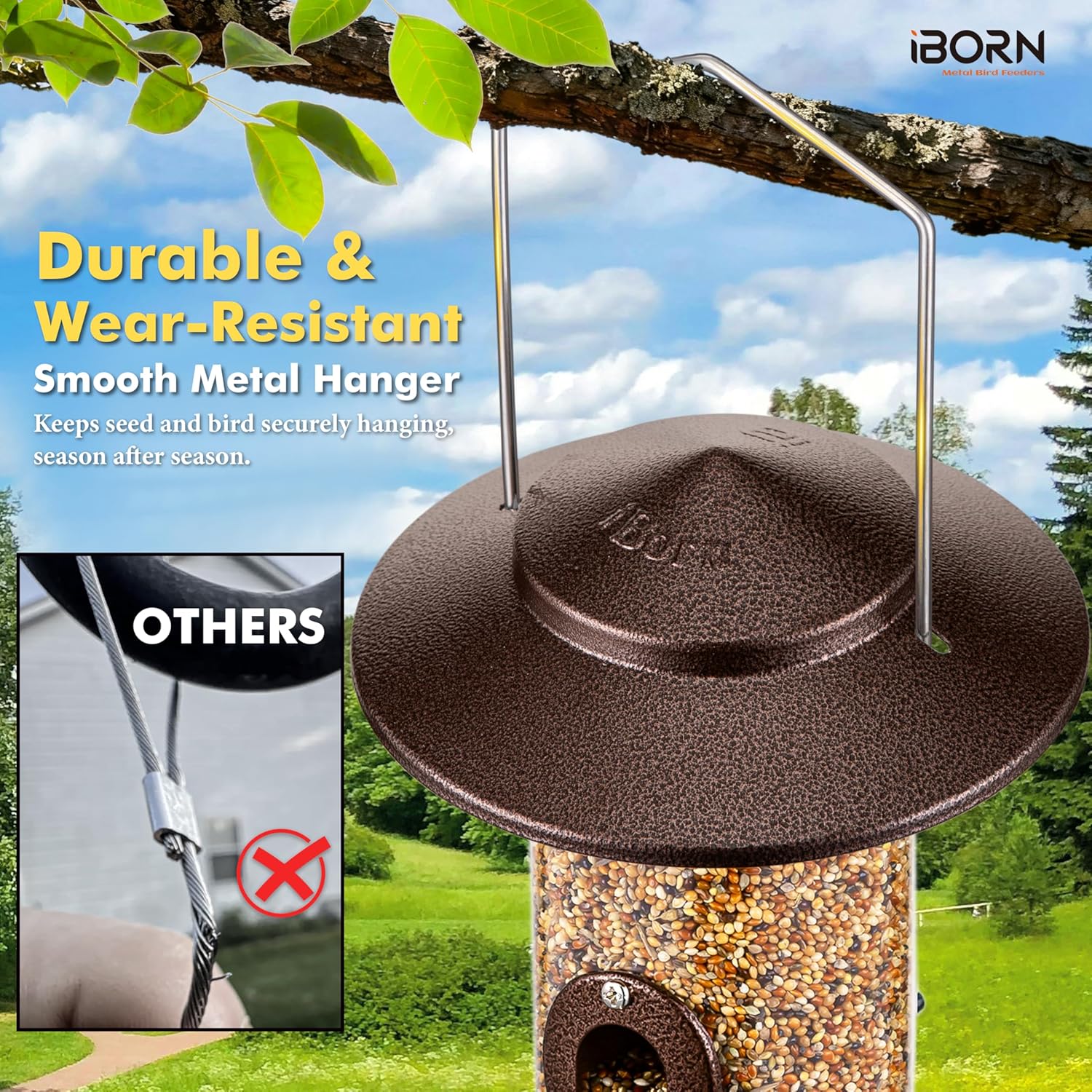 iBorn Bird Feeder Squirrel-Chew Proof Metal Hanging Birds Feeder Bird Feeders for Outdoors Hanging Outside for Cardinal, 3 Perches with 2 Feeding Ports, Brushed Coffee (Seed is not Included)