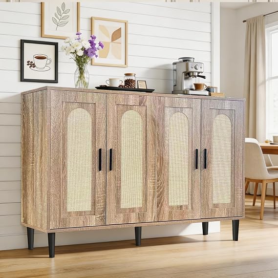 Buffet Cabinet - Sideboard with Storage, Rattan Kitchen Cabinet with 4 Doors, Accent Sideboard for Dining Room, Kitchen, Hallway, Cupboard Console Table (Natural Color)