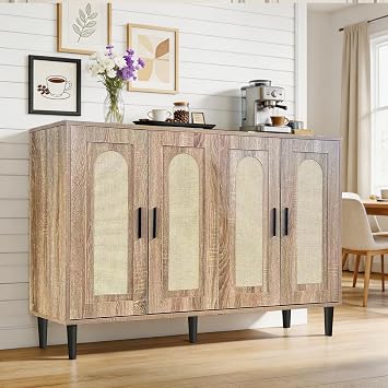 Buffet Cabinet - Sideboard with Storage, Rattan Kitchen Cabinet with 4 Doors, Accent Sideboard for Dining Room, Kitchen, Hallway, Cupboard Console Table (Natural Color)