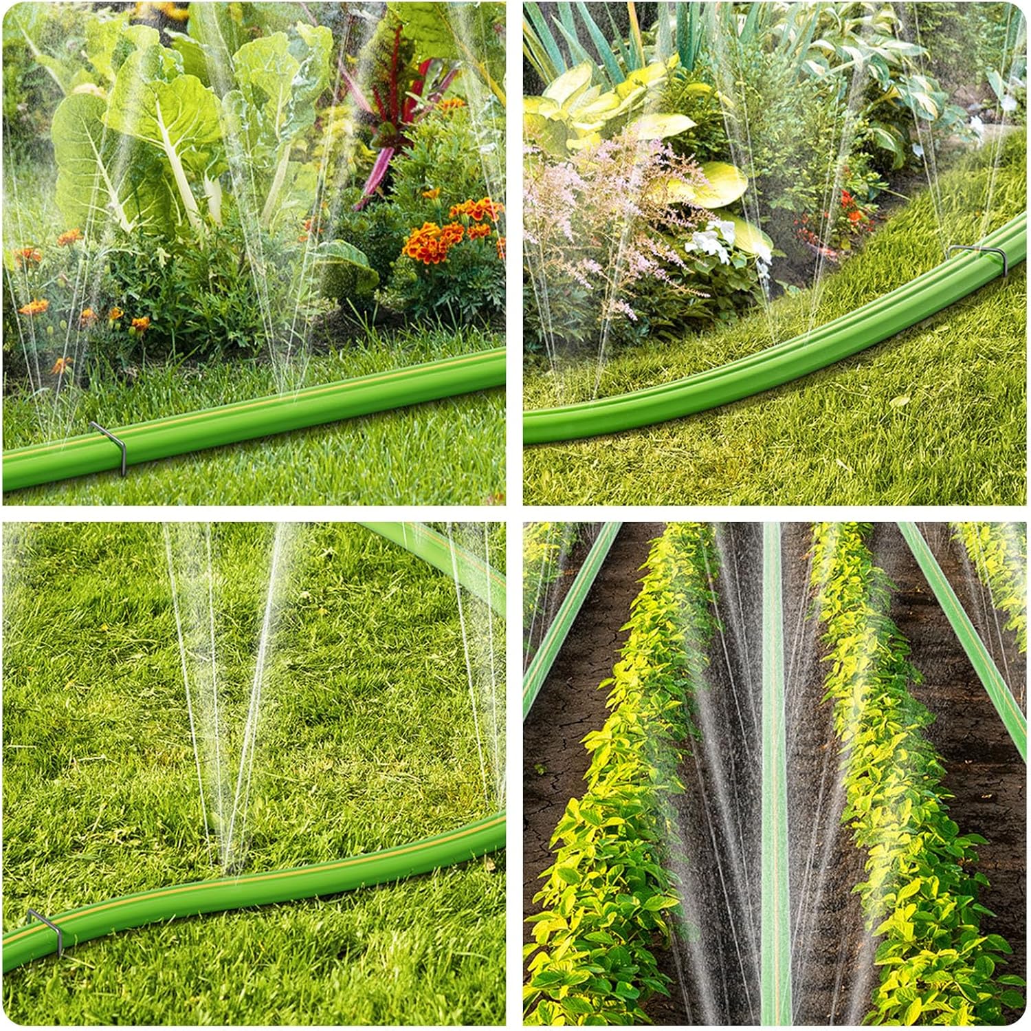 100FT Sprinkler Hose - Flat Soaker Hose with Stakes, Multi-Purpose Garden Watering Drip Irrigation Hose System for Yard Lawn