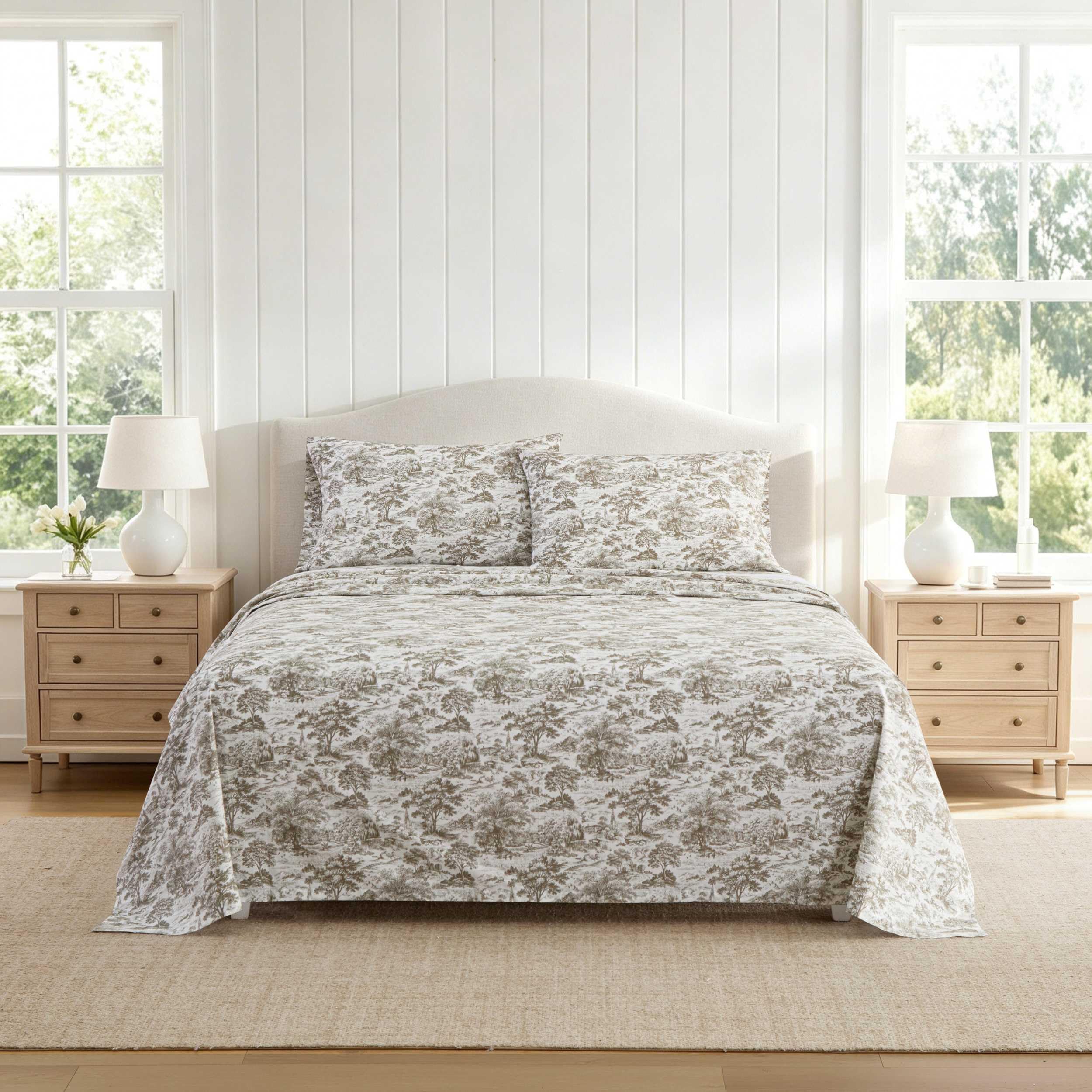 Martha Stewart - Queen Sheet Set with Fitted Sheet & Pillowcases, Cotton Percale Bedding with a Smooth Feel, Deep Pocket, Amelie Toile Brown