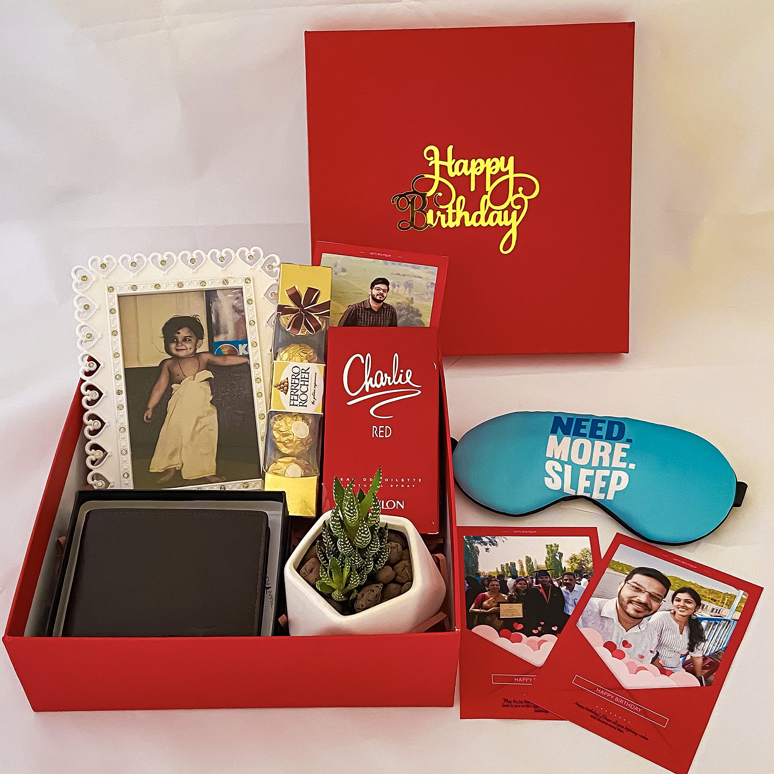 Angroos Birthday Gift Hamper BIRGB015 by Angroos Gifts Boutique includes photo frame, wallet, fererro rocher, perfume, pot with plant, eye band, Photo Cards, Greeting Card and Decorated Gift Box found