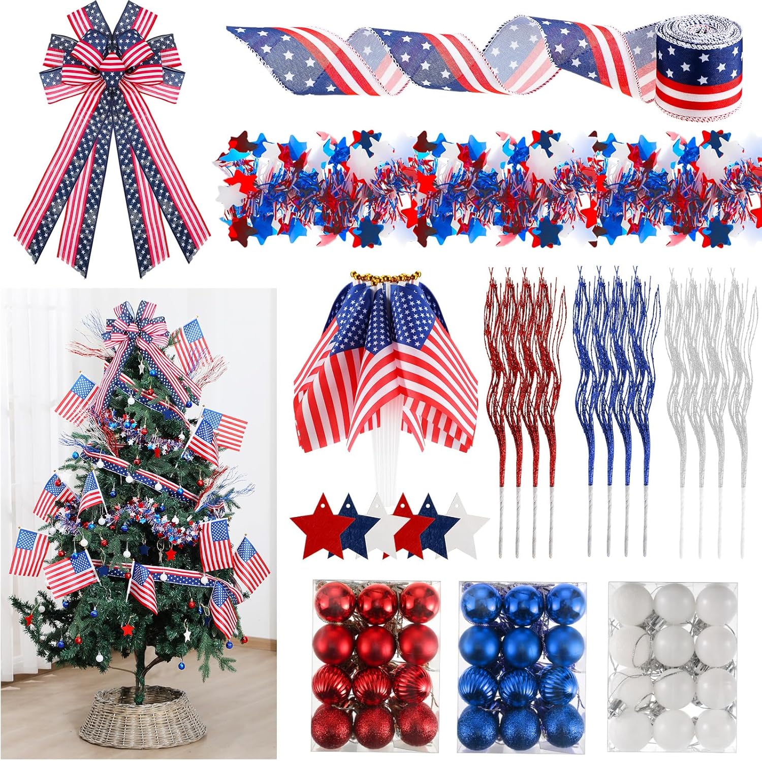 Soulchen 118 Pcs Patriotic Tree Decorations Wreath Bows Red White and Blue Memorial Ornaments for Tree American Flag Patriotic Garland for Veterans Day Memorial Day Decor(Sphere)