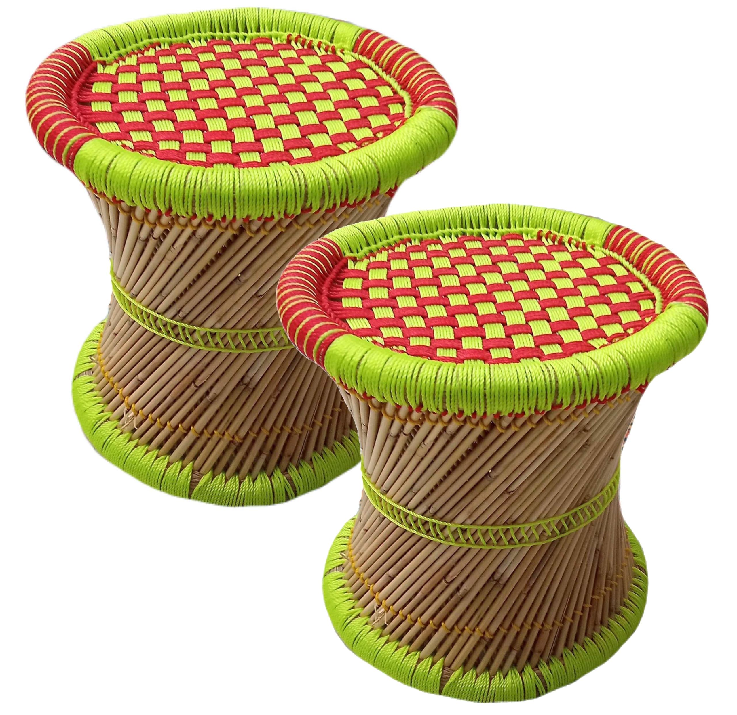 Rajasthani Handmade Multicolored bamboo mudda Stool/chair for living room/office/home/indoor/outdoor garden Whit traditional design with round shape with Combo Pack of-2 (Green-Red)