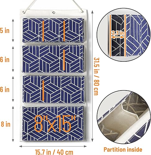 Miniatura 4 de HZZTY BRNY Bolsas de almacenamiento para colgar sobre la puerta, 4 estantes, organizador de armario, 8 bolsillos, tela de lino y algodón,