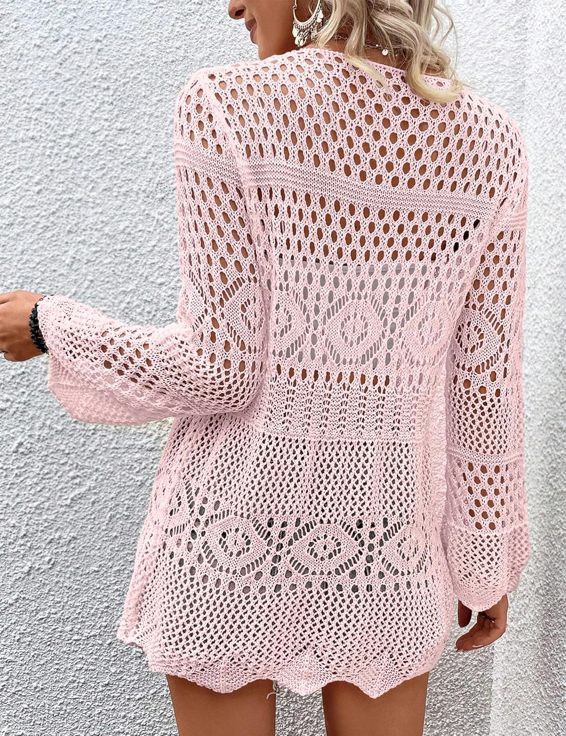 Women's Crochet Cardigan Light Weight Long Sleeve Tie Front Hollow Out Thin Cardigan - Image 4