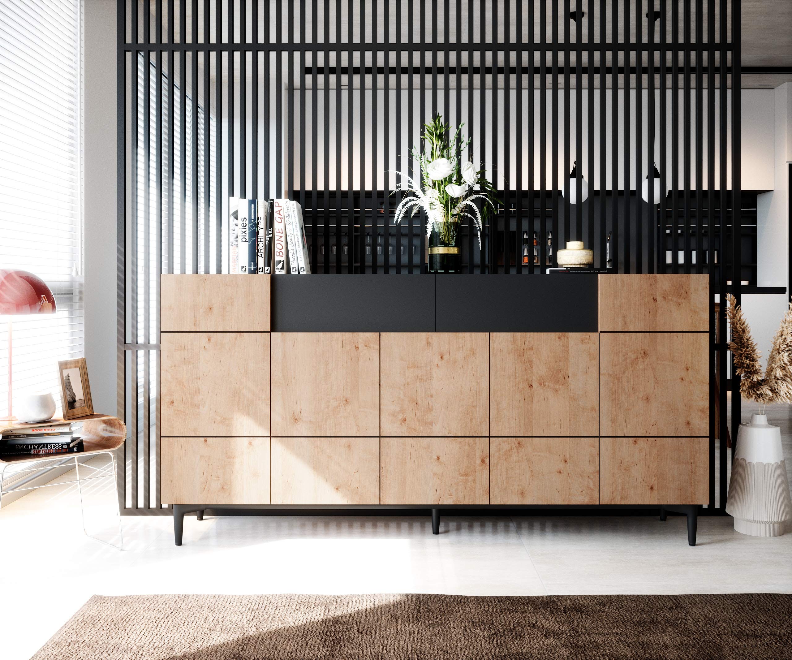 Newfurn Sideboard Wildeiche Schwarz grifflos Kommode Wohnzimmer | zweifarbige Holzoptik, konische Metallbeine, Klappen und Türen, Highboard Anrichte, für Flur und Esszimmer